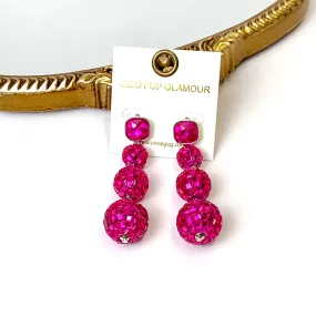 Cushion Crystal Post Disco Ball Dangle Earrings in Fuchsia Pink