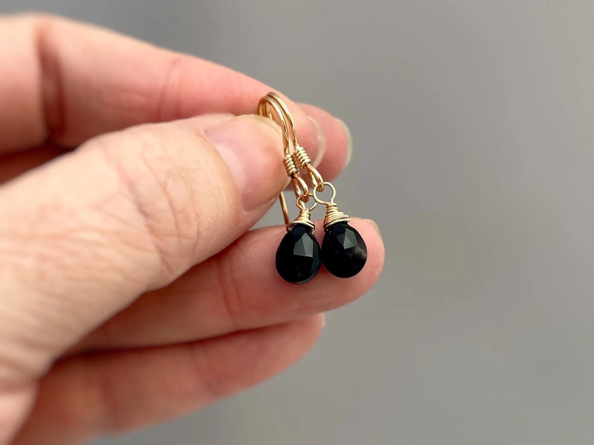 Dainty Black Onyx Earrings dangle Gold