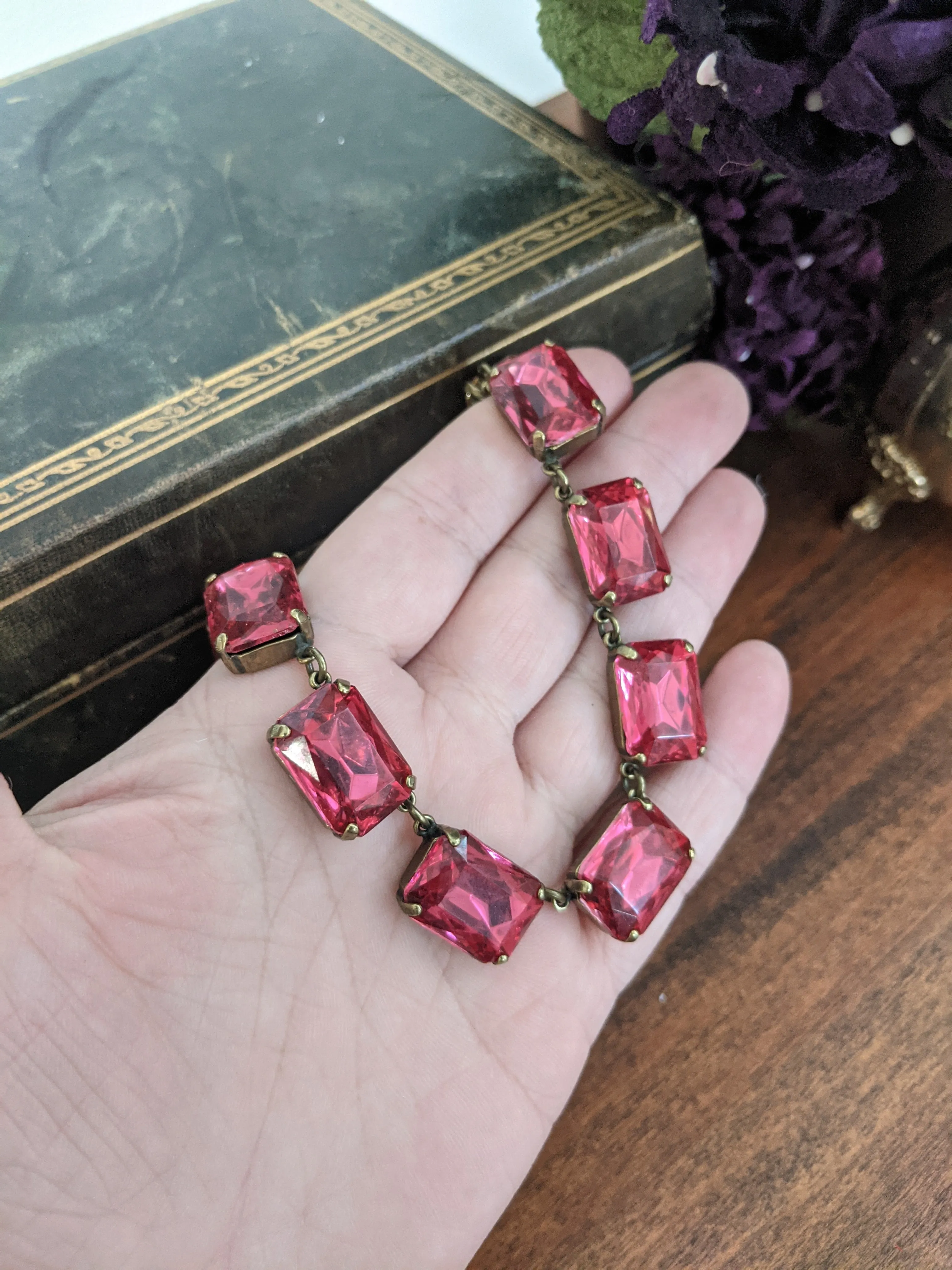 Dark Pink Crystal Collet Necklace - Large Octagon