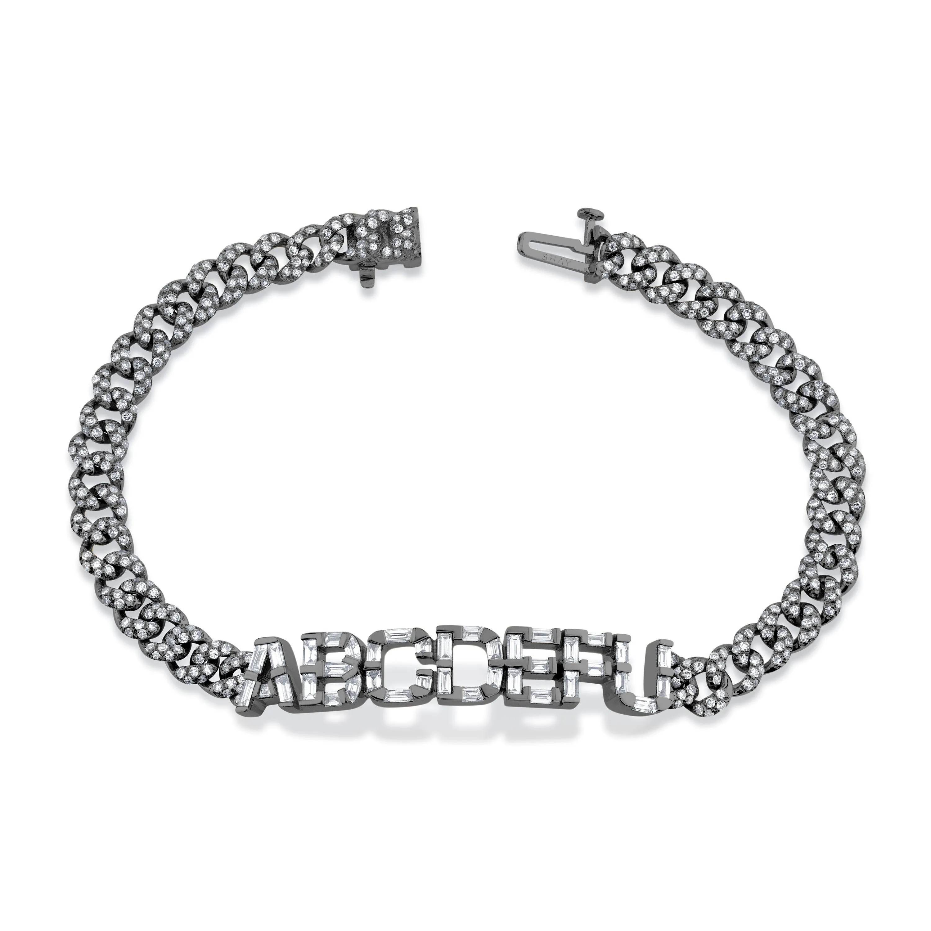 DIAMOND BAGUETTE PAVE 7 LETTER MEDIUM LINK BRACELET