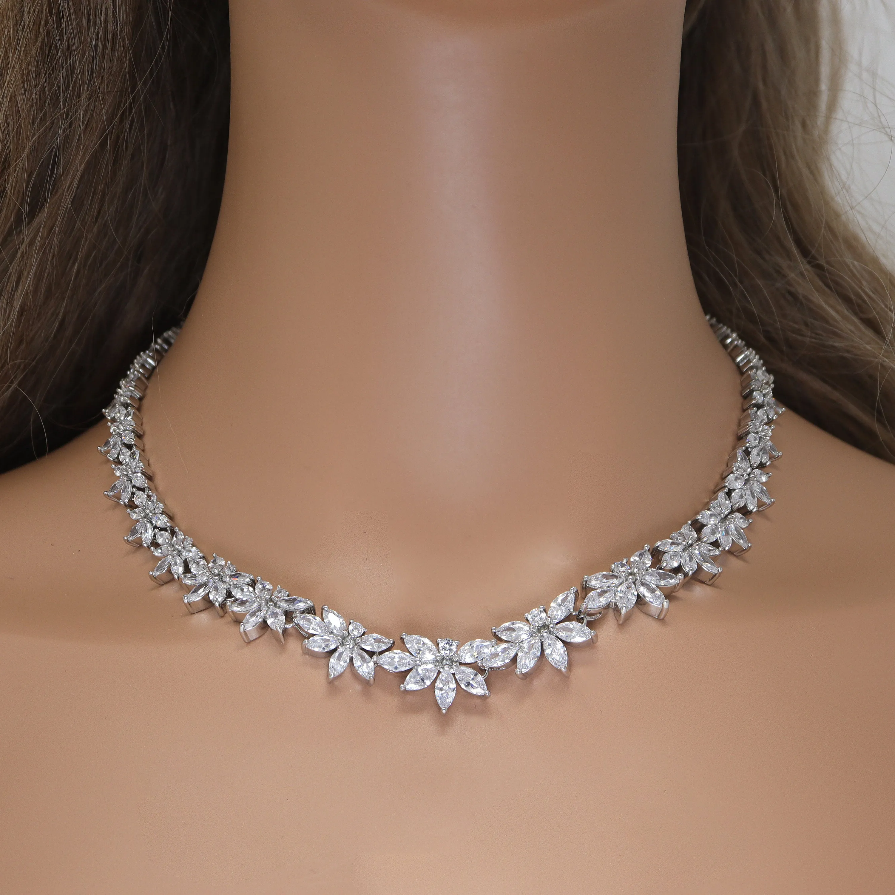 Diamond/ Swarovski Crystal Elegant Floral Vine Necklace Set, Long Bridal Jewelry Set, Crystal Bridal Earrings, Statement Earrings