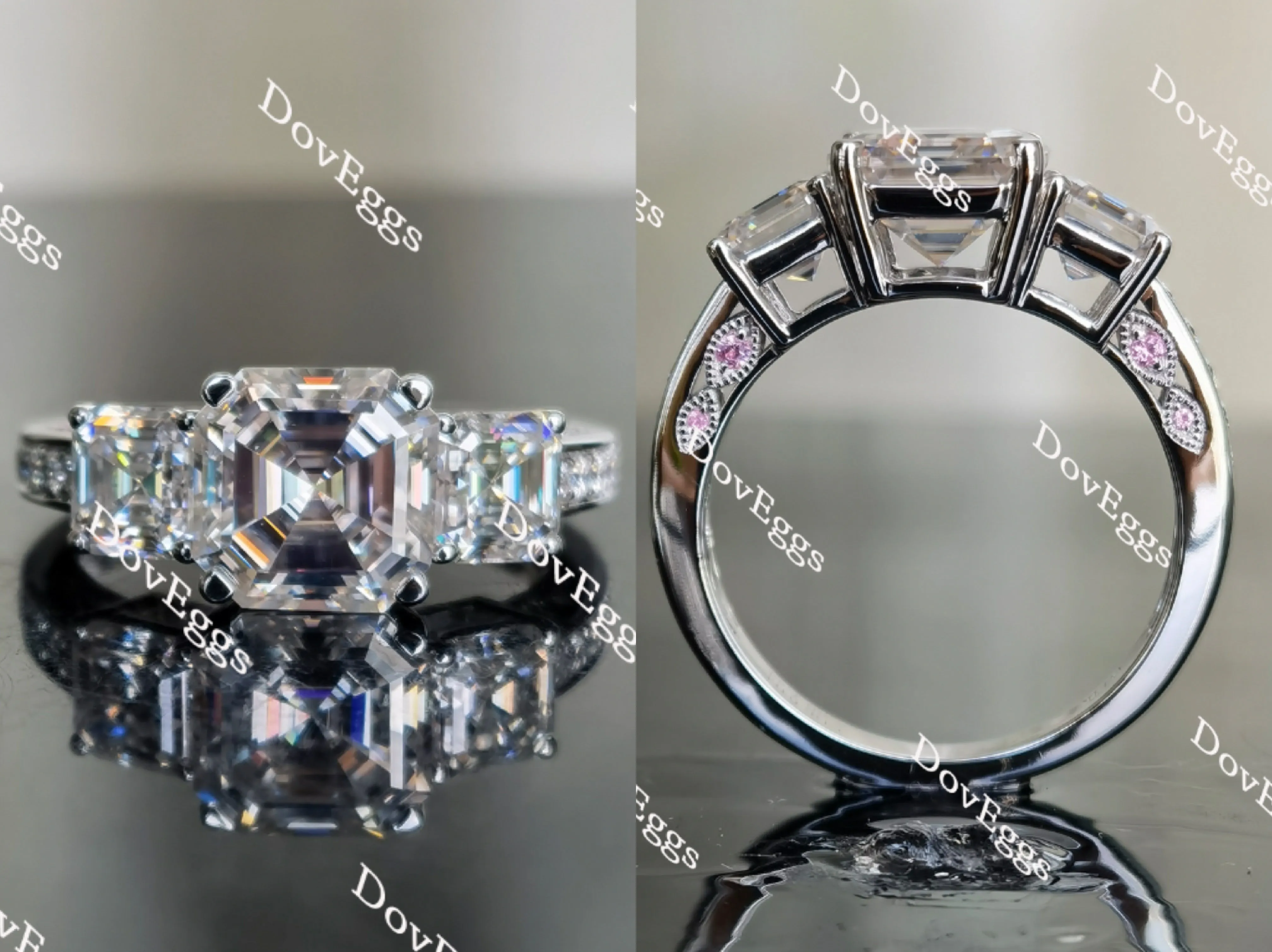 Doveggs asscher three-stone pave moissanite and birthstone engagement ring