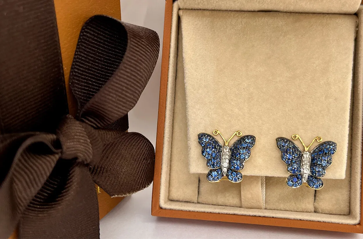 Earrings 18kt Mixed Gold Blue Sapphire & Diamonds Butterflies