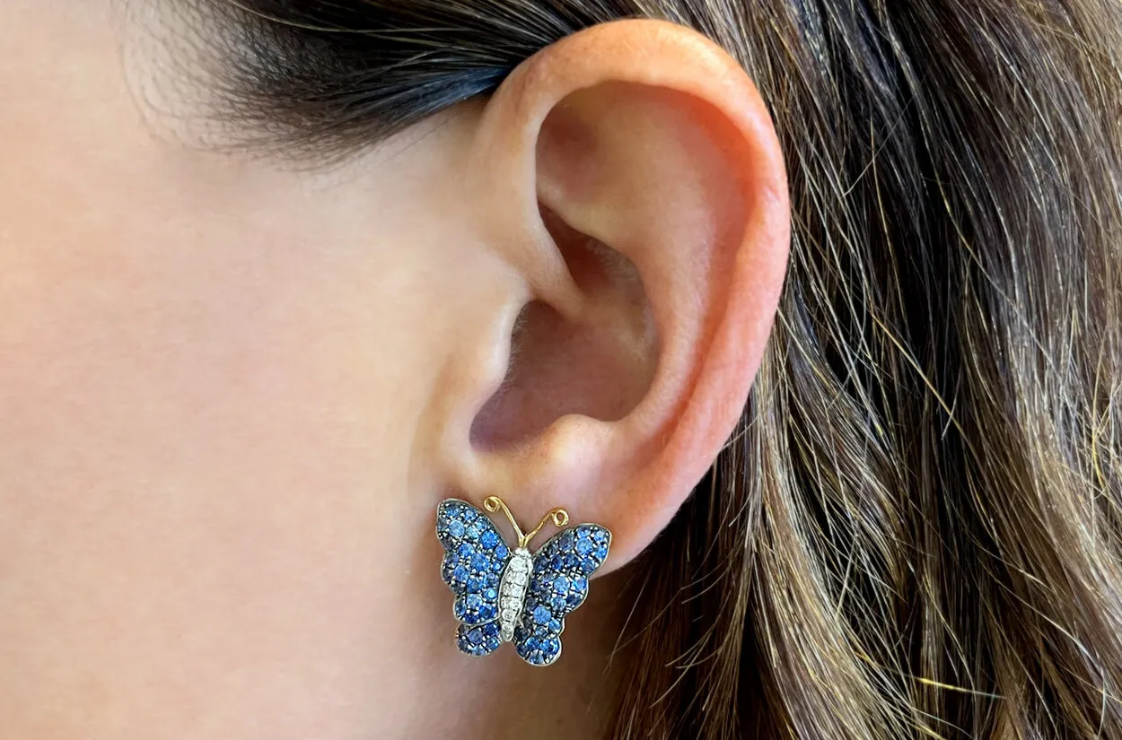 Earrings 18kt Mixed Gold Blue Sapphire & Diamonds Butterflies