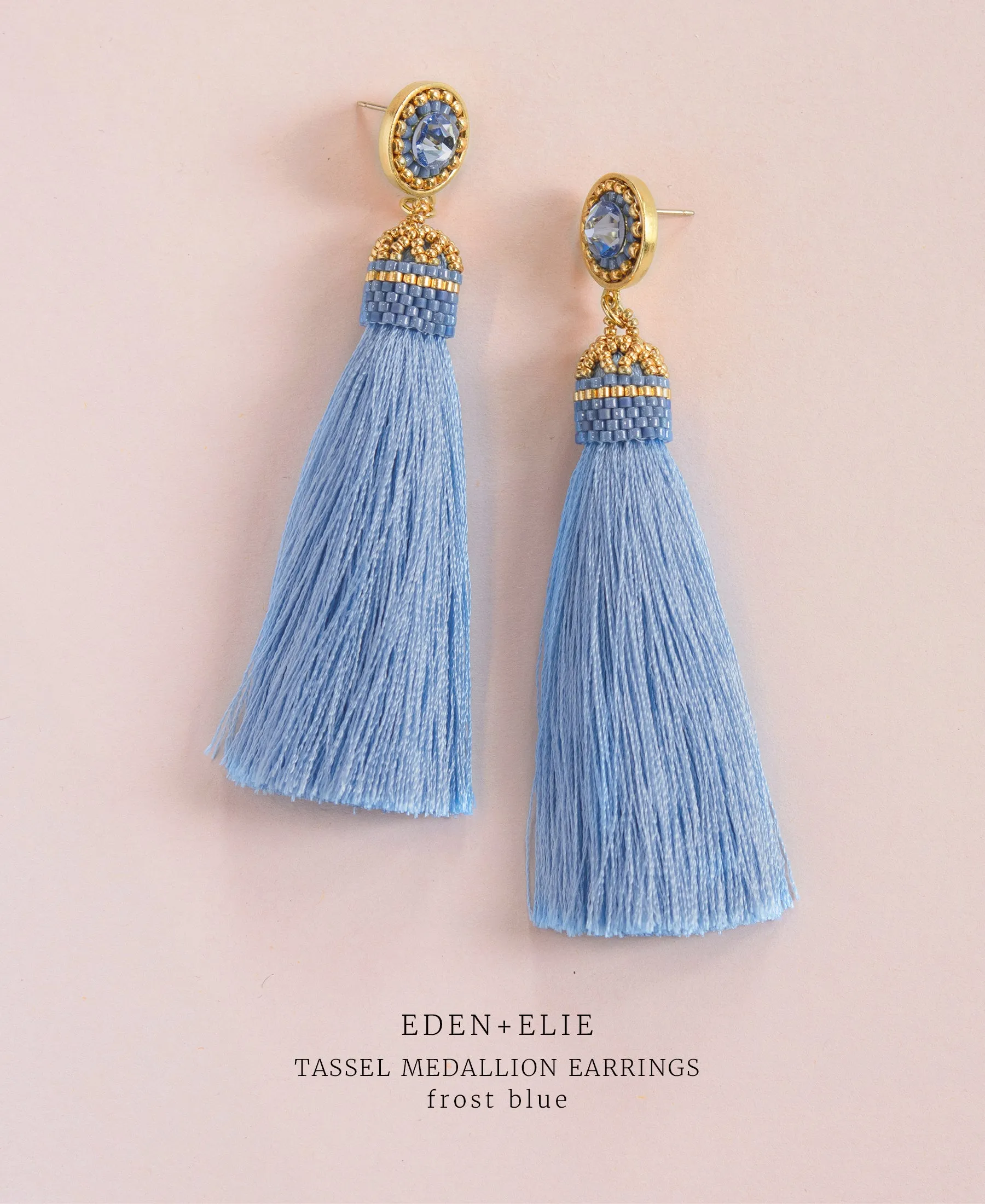 EDEN   ELIE silk tassel statement earrings - frost blue