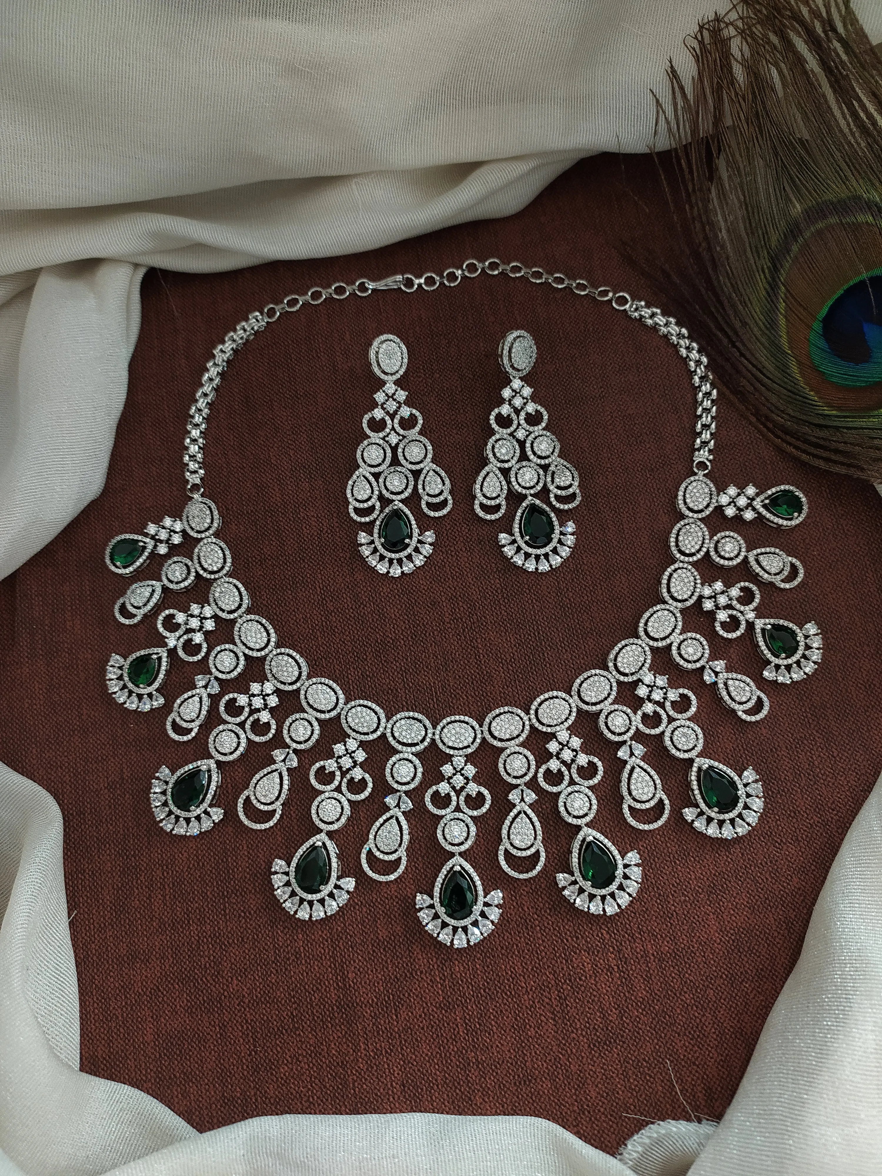 Elegant Silver-Plated Zircon Necklace Set with AD Stones