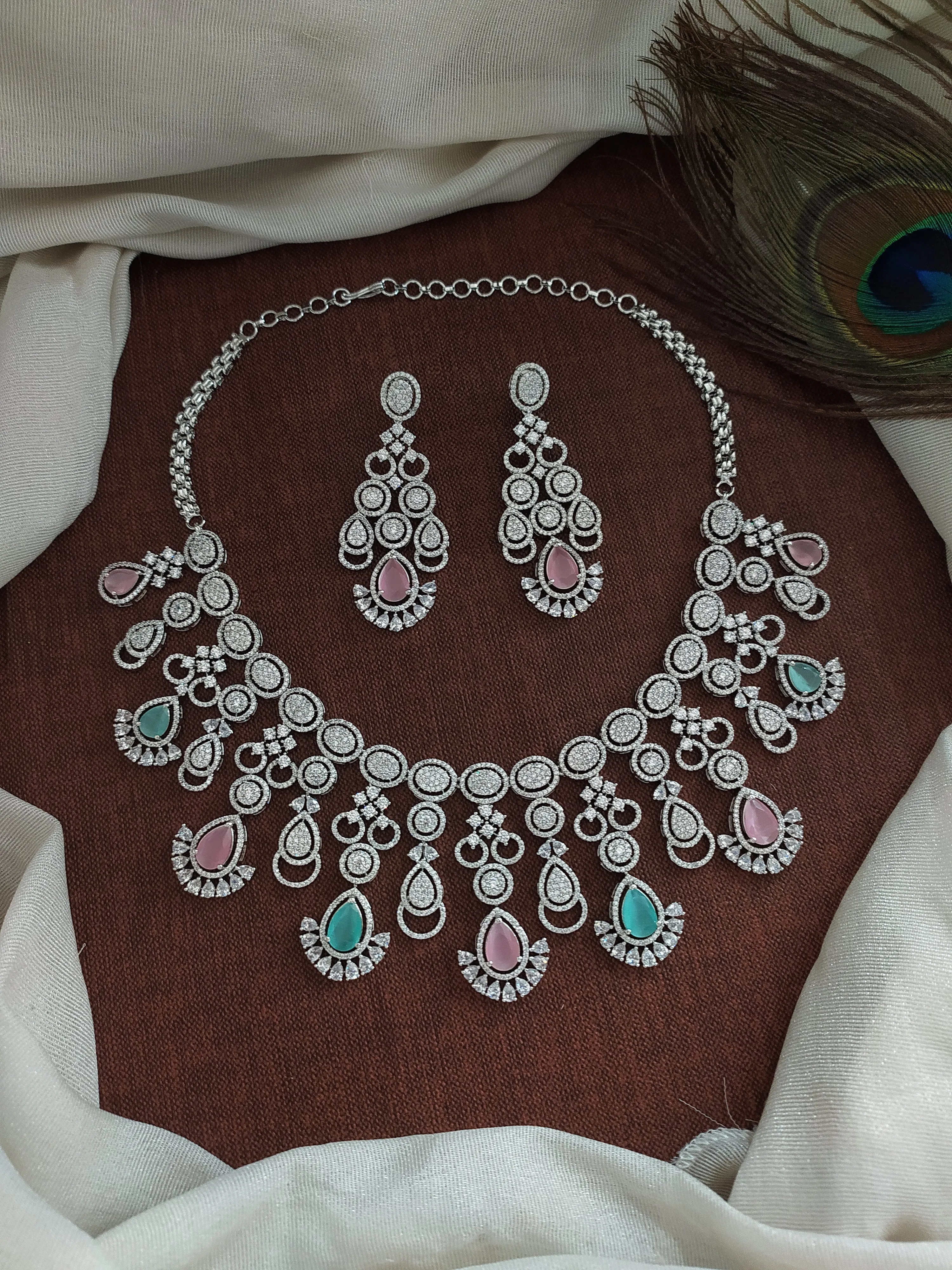 Elegant Silver-Plated Zircon Necklace Set with AD Stones