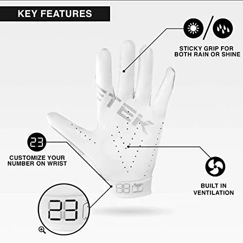 EliteTek RG-14 Football Gloves Youth and Adult (White/Silver, Youth M)