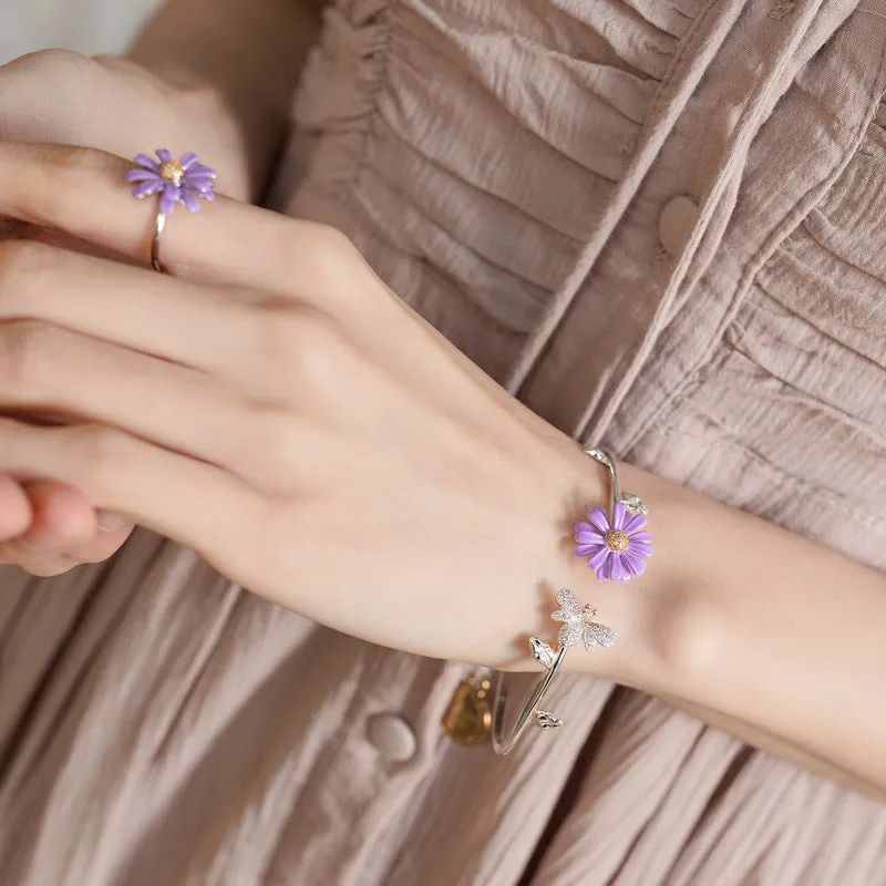 Enamel Purple Daisy Zircon Bee Sterling Silver Bracelet