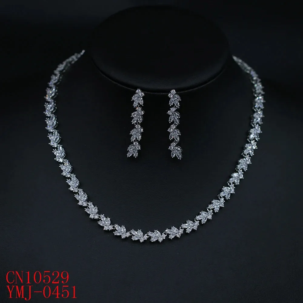 Exquisite Cubic Zirconia Wedding Party Jewelry Set Leaves Shape High Quality CZ Bridal Necklace Earring CN10529