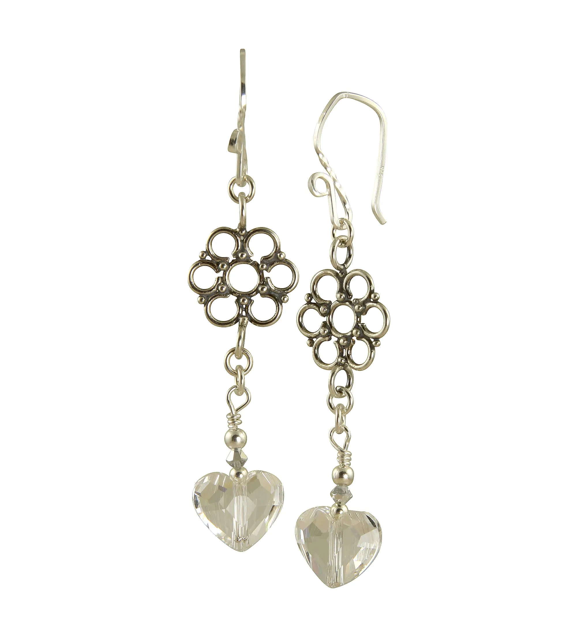 Fancy Swarovski Heart Crystal Earrings, Sterling Silver