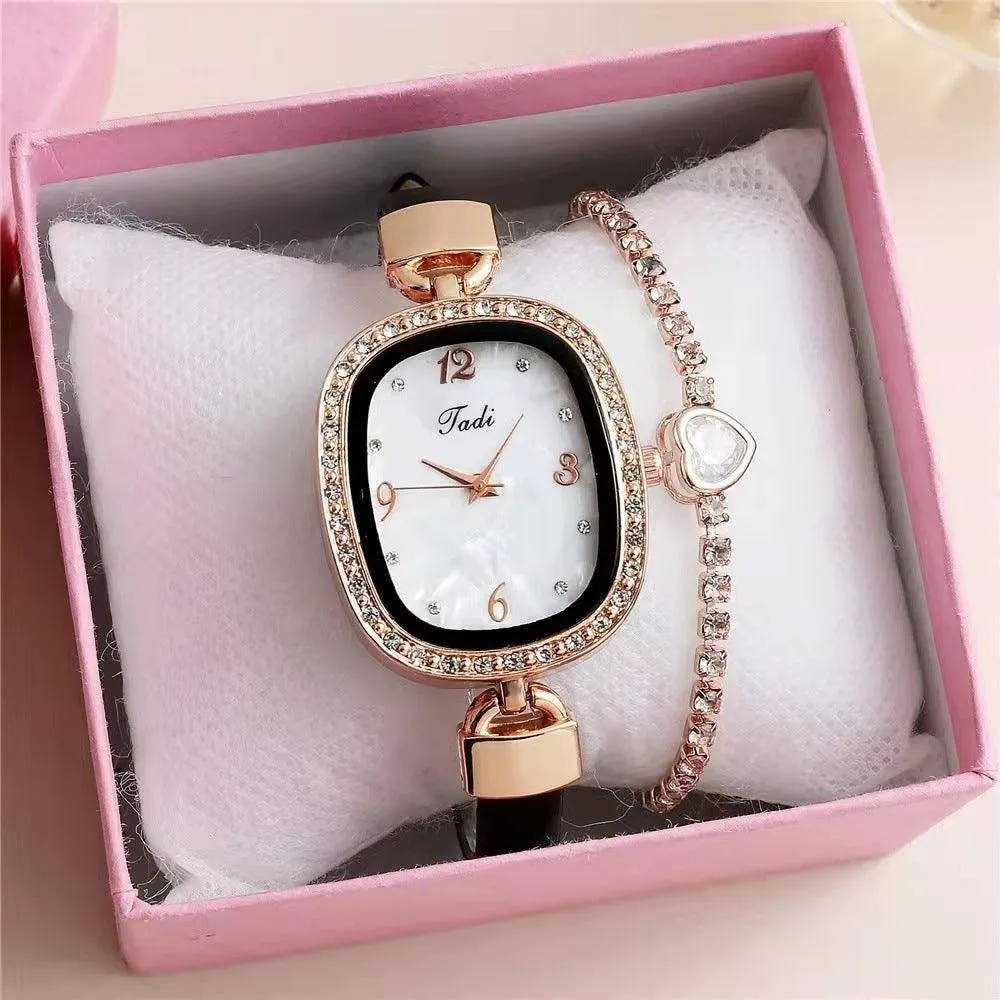 Fashion Belt Marbling Rhinestone Women's Quartz Watch Bracelet Set