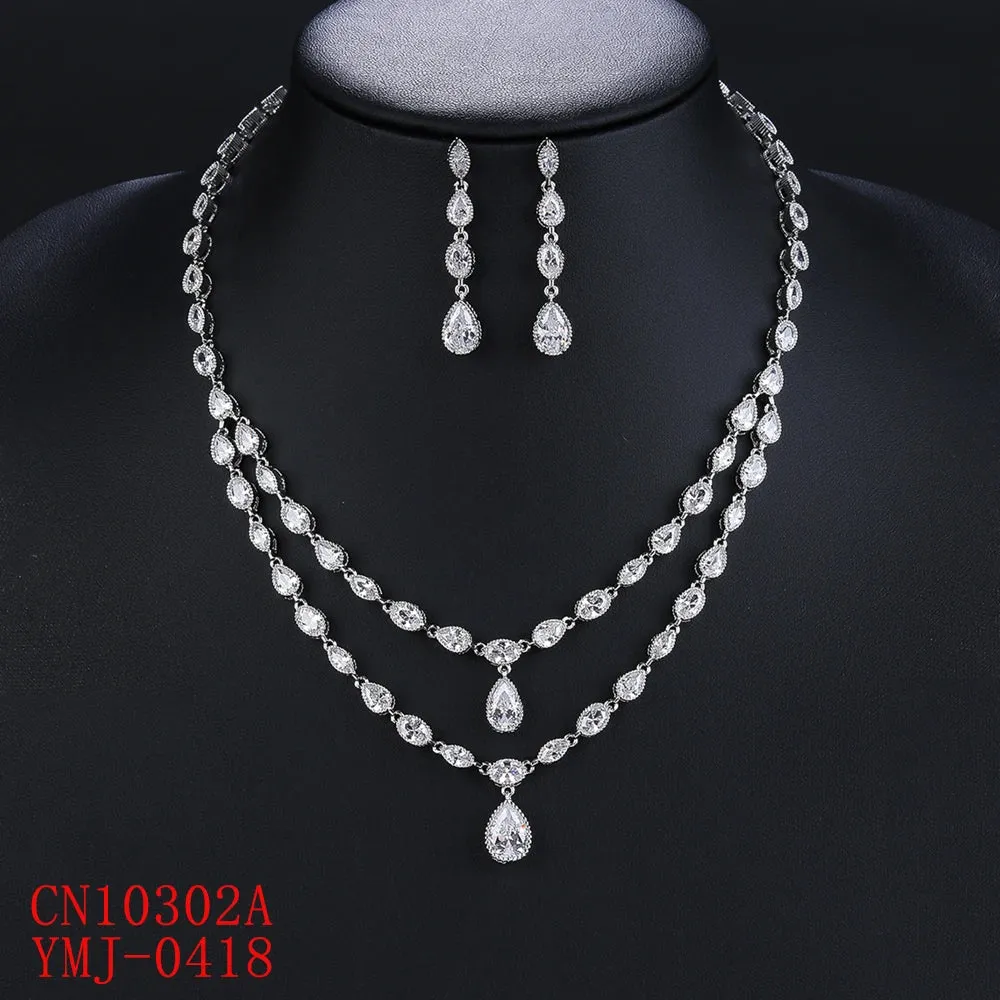 Fashion Design 2 Layers White Color AAA Cubic Zirconia Necklace Earrings Jewelry Sets Women Wedding Accessories Gifts CN10302A