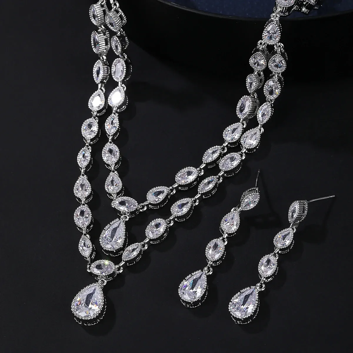 Fashion Design 2 Layers White Color AAA Cubic Zirconia Necklace Earrings Jewelry Sets Women Wedding Accessories Gifts CN10302A