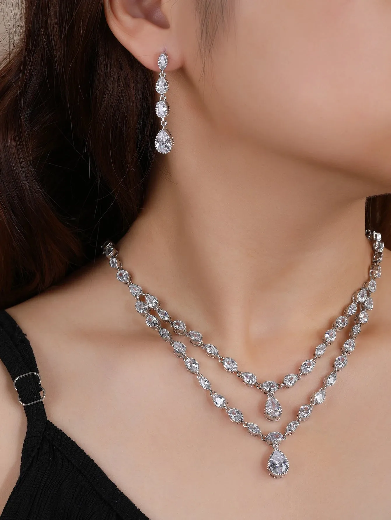 Fashion Design 2 Layers White Color AAA Cubic Zirconia Necklace Earrings Jewelry Sets Women Wedding Accessories Gifts CN10302A