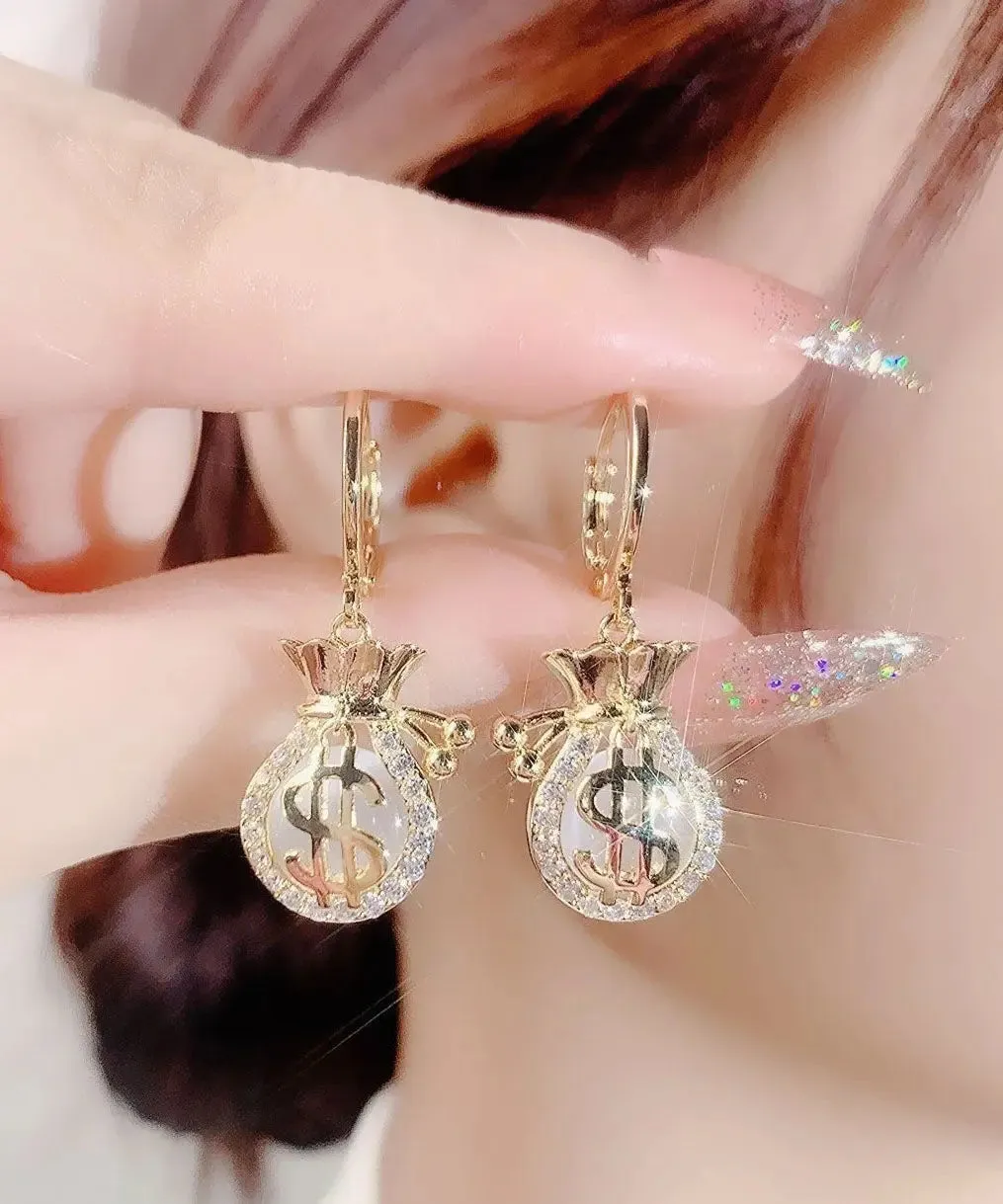 Fashion Gold Opal Zircon Money Bag Drop Earrings LY8983