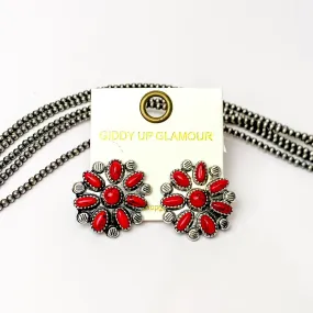 Faux Red Flower Cluster Stud Earrings in Silver Tone