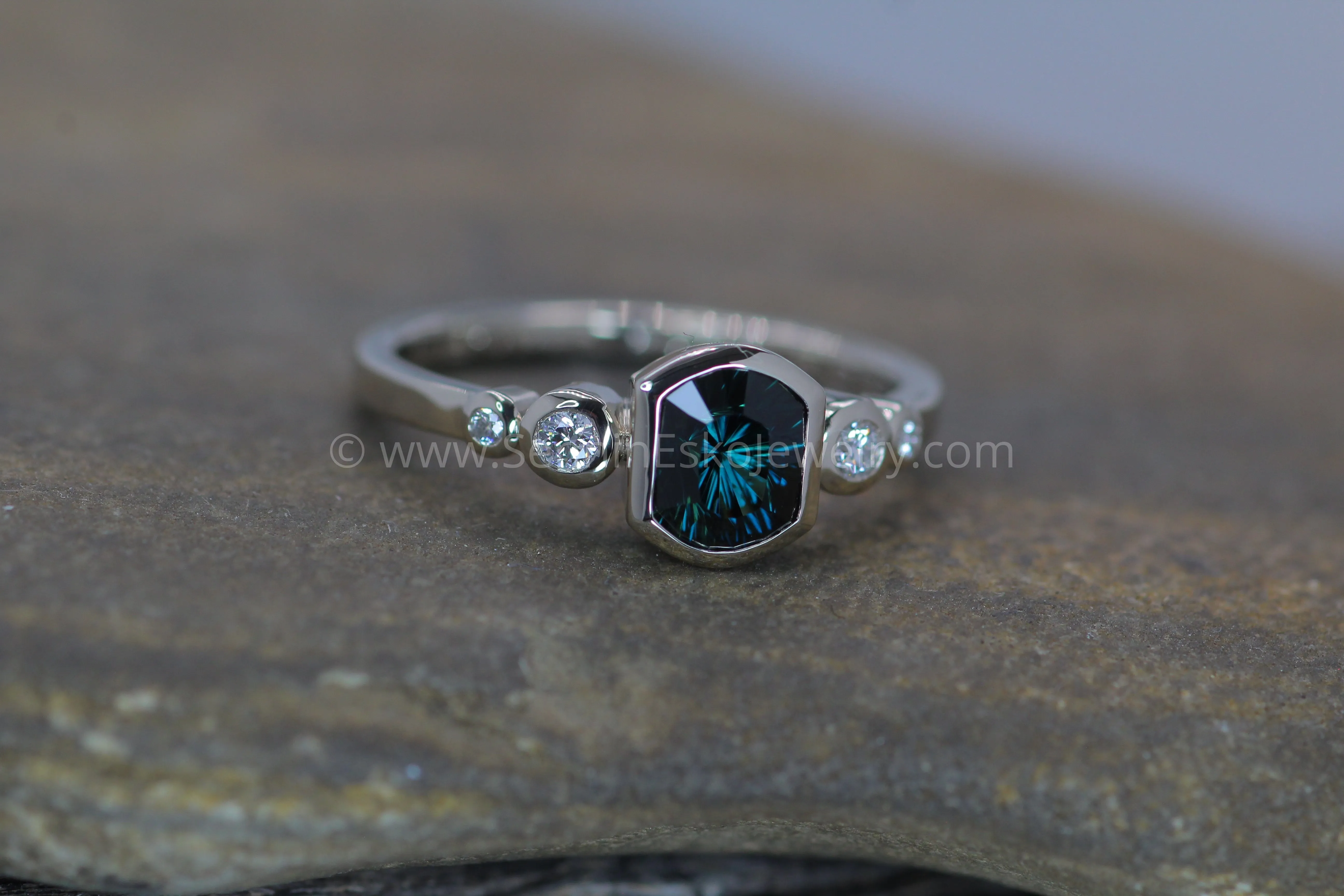 Five Stone Diamond Accented Multi Bezel Setting - Fantasy cut Kenyan Sapphire Cushion Depicted (Setting Only, Center Stone Sold Separately)