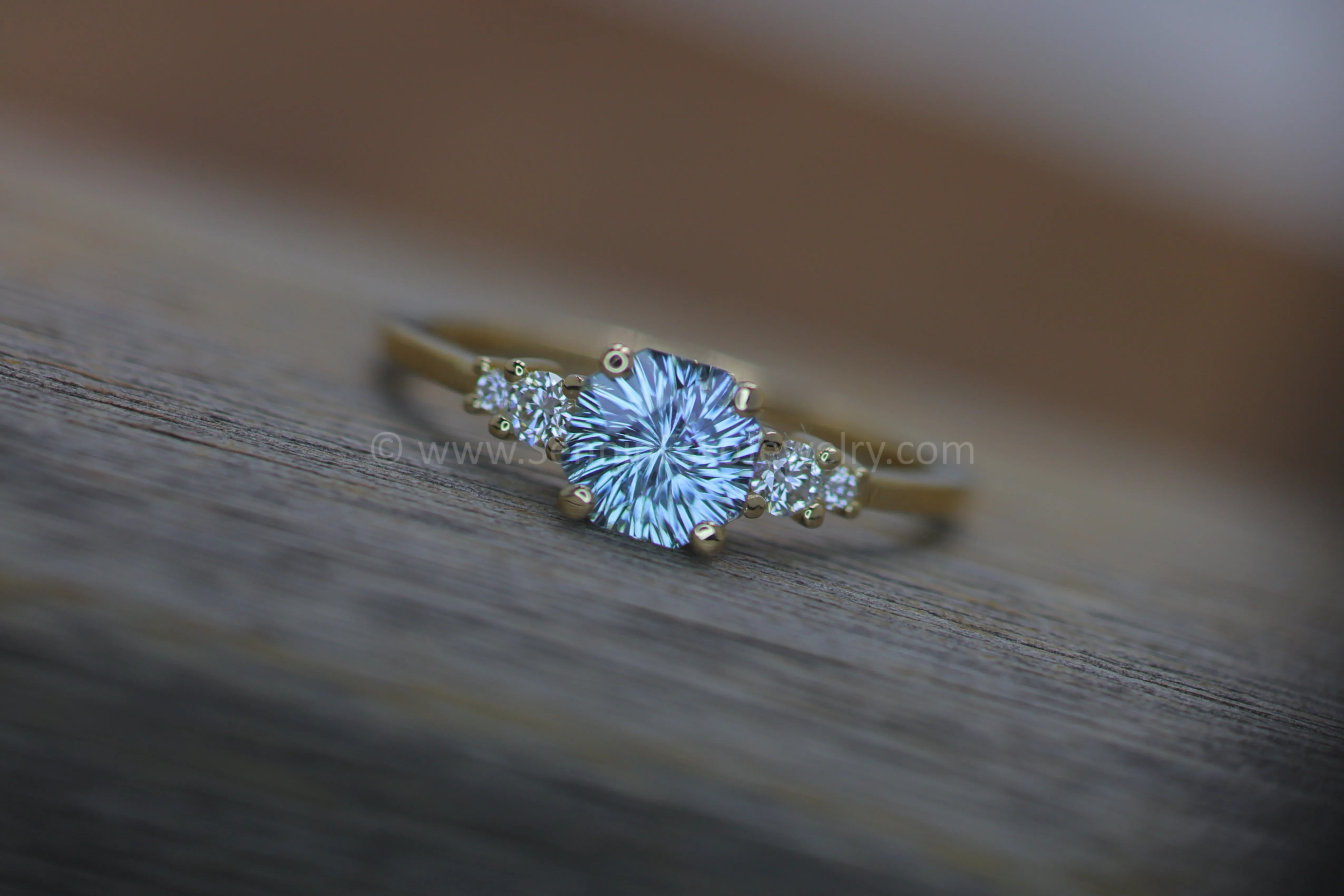 Five Stone Diamond Accented Multi Prong Setting - Depicted with a Sky Blue Montana Sapphire (Setting Only, Center Stone Sold Separately)