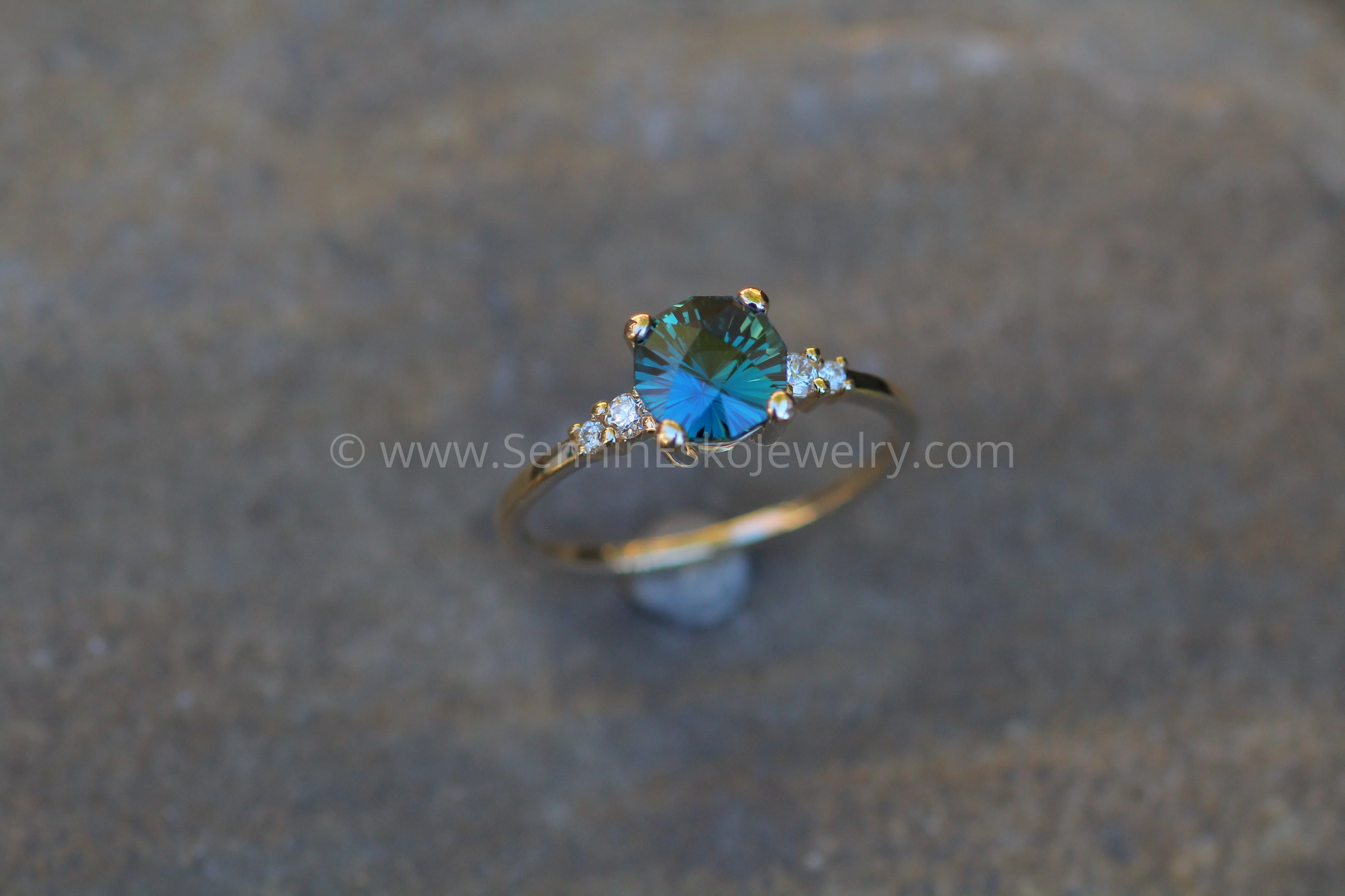 Five Stone Diamond Accented Multi Prong Setting - Depicted with a Teal Sapphire (Setting Only, Center Stone Sold Separately)