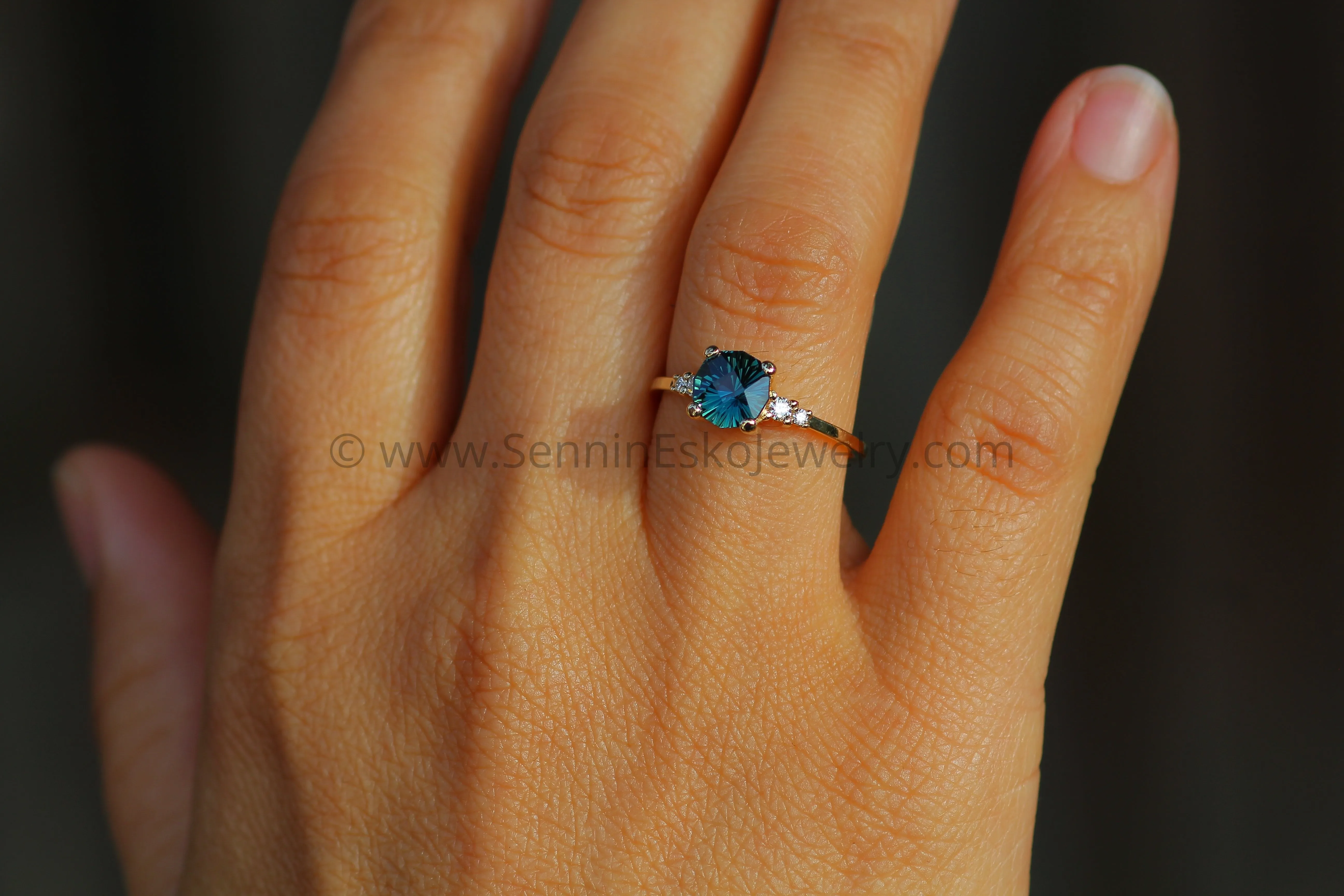 Five Stone Diamond Accented Multi Prong Setting - Depicted with a Teal Sapphire (Setting Only, Center Stone Sold Separately)