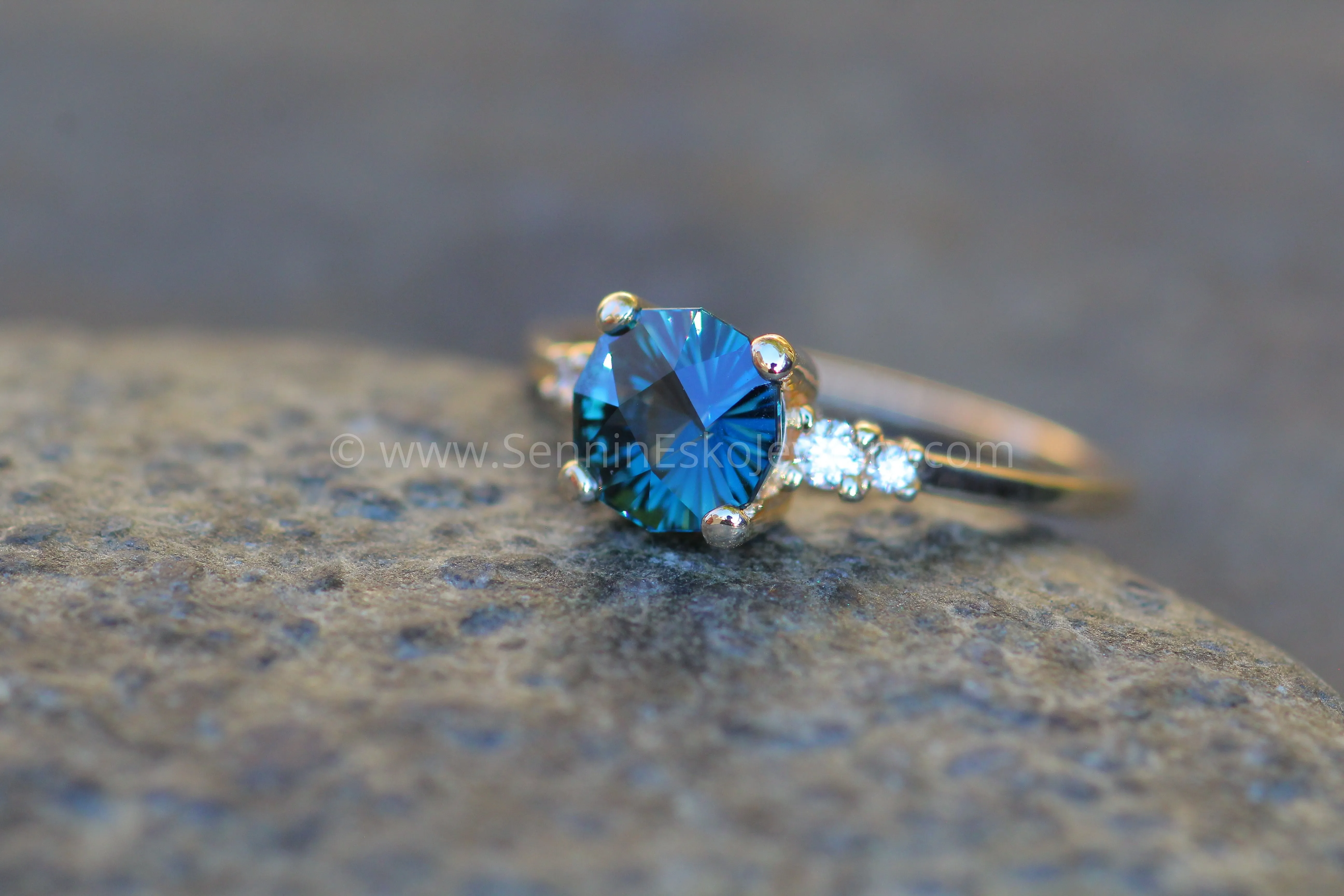 Five Stone Diamond Accented Multi Prong Setting - Depicted with a Teal Sapphire (Setting Only, Center Stone Sold Separately)