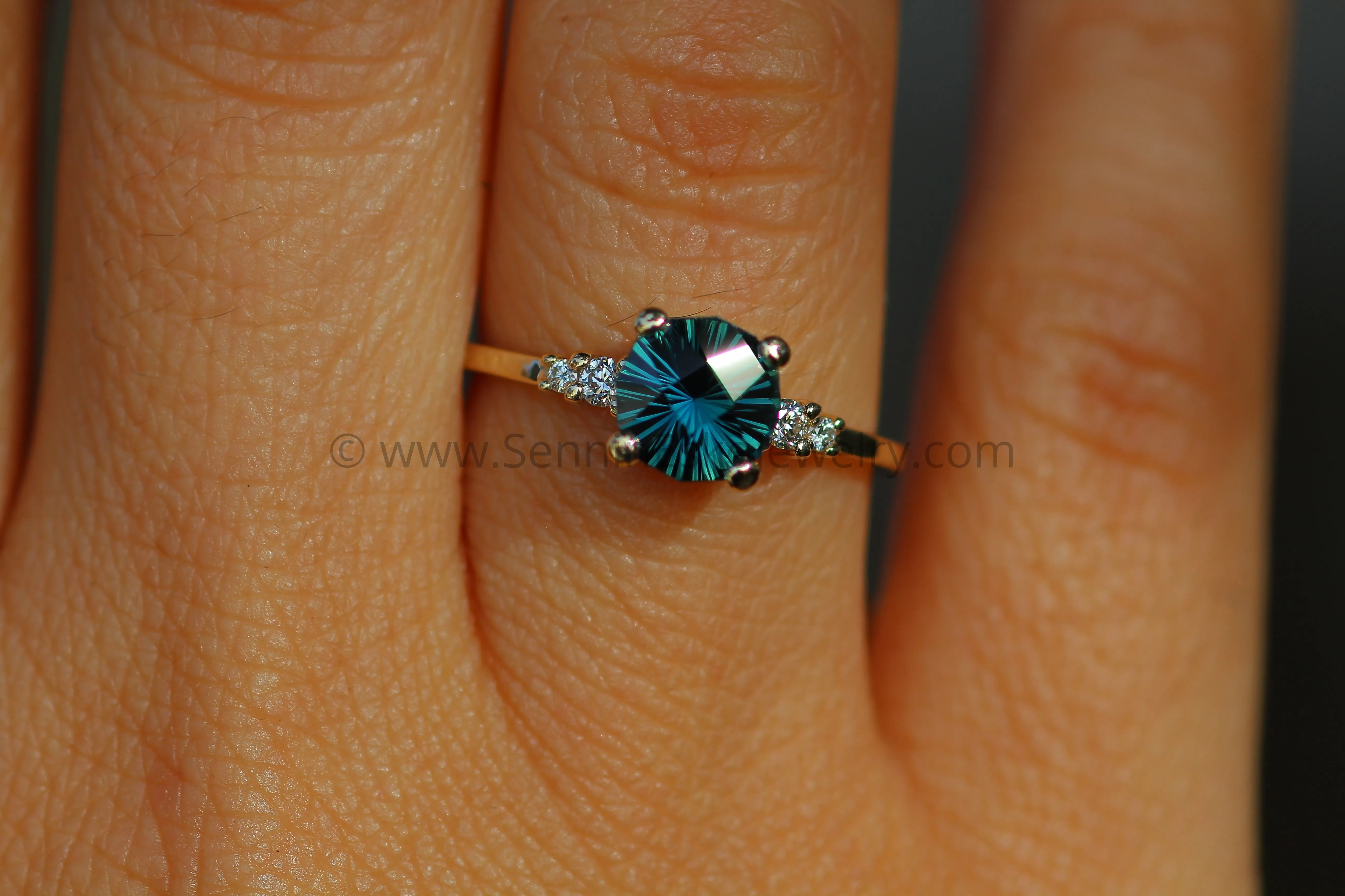 Five Stone Diamond Accented Multi Prong Setting - Depicted with a Teal Sapphire (Setting Only, Center Stone Sold Separately)