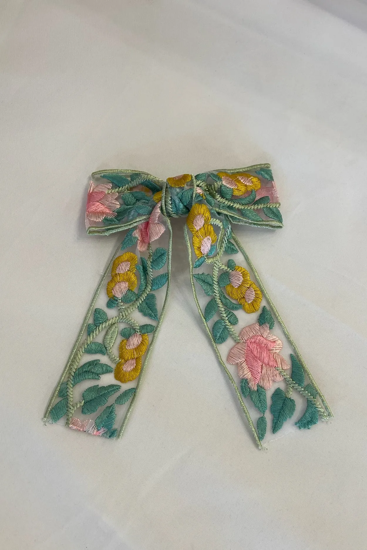 Floral Embroidered Bow Clip