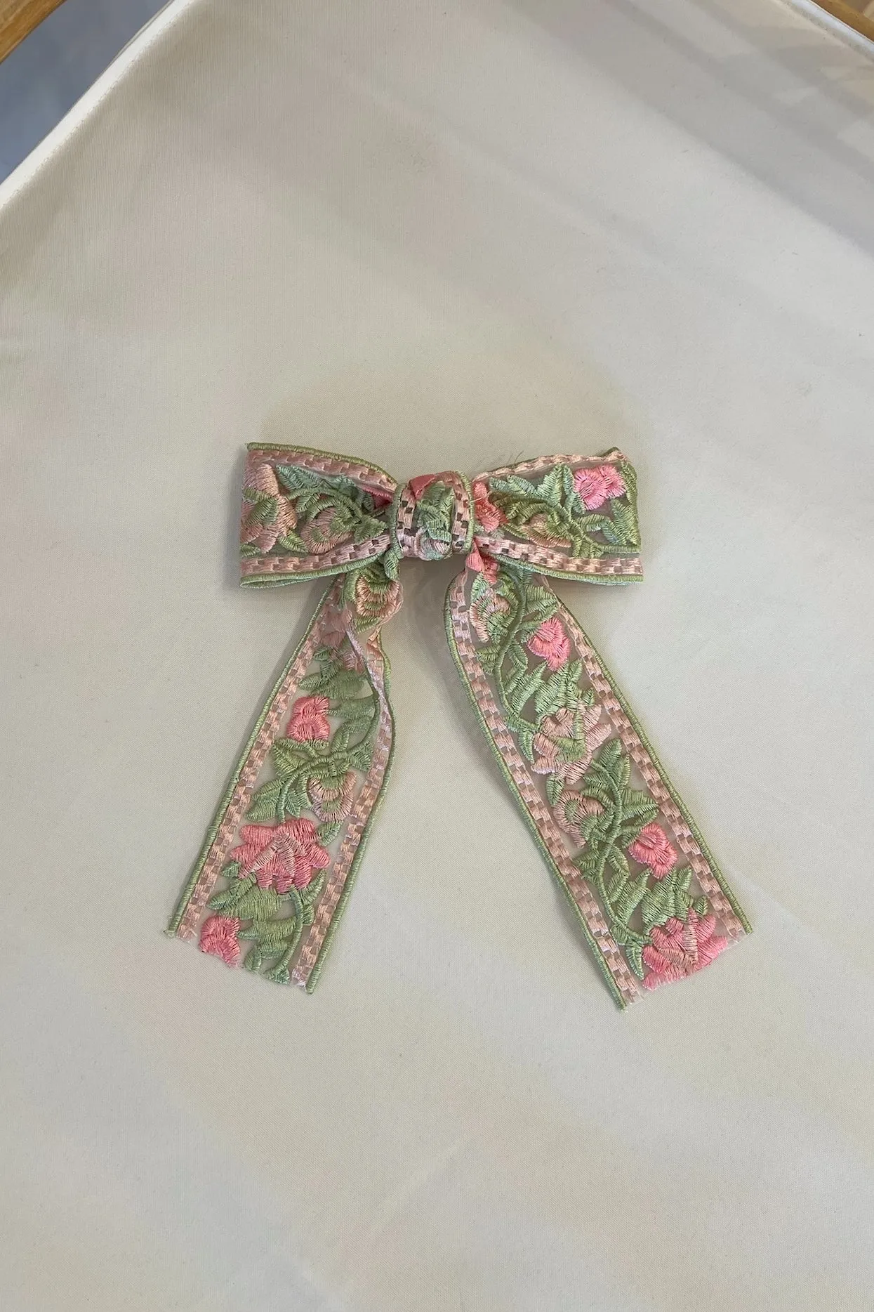 Floral Embroidered Bow Clip