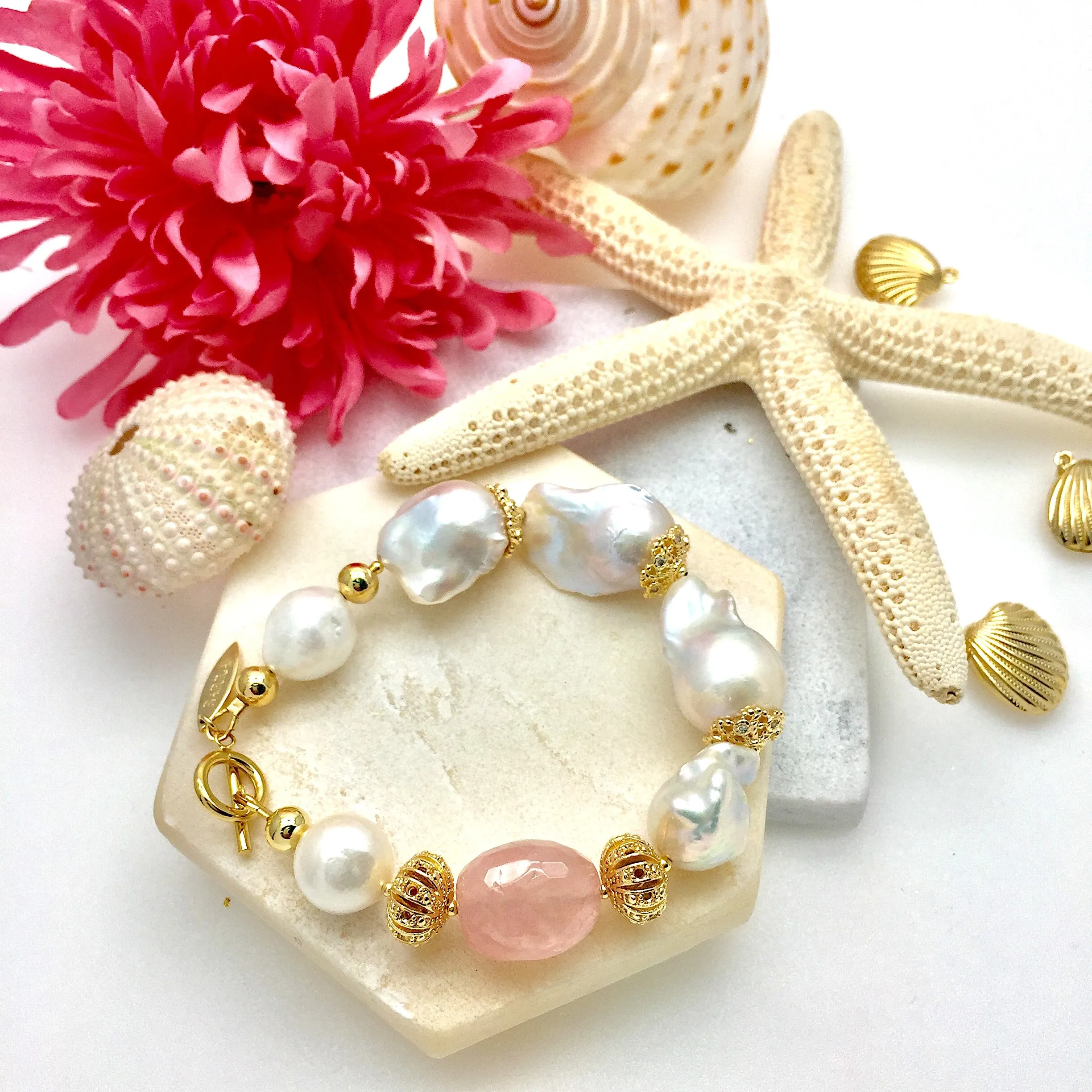 Freshwater Pearls & Rose Quartz Bracelet NPB006