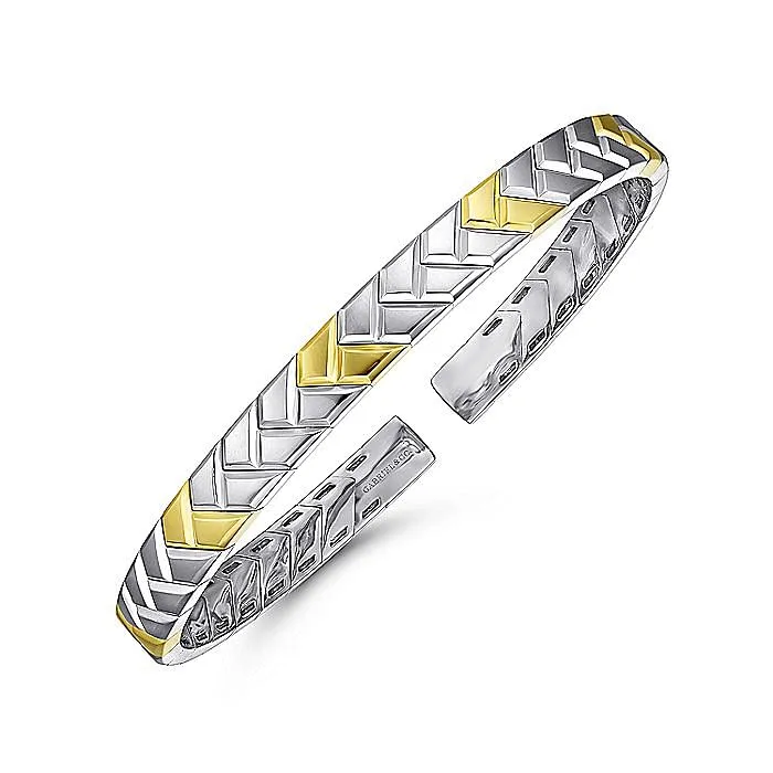 Gabriel Sterling Silver & 14K Yellow Gold 7.25" Solid Cuff Herringbone Fashion Bracelet