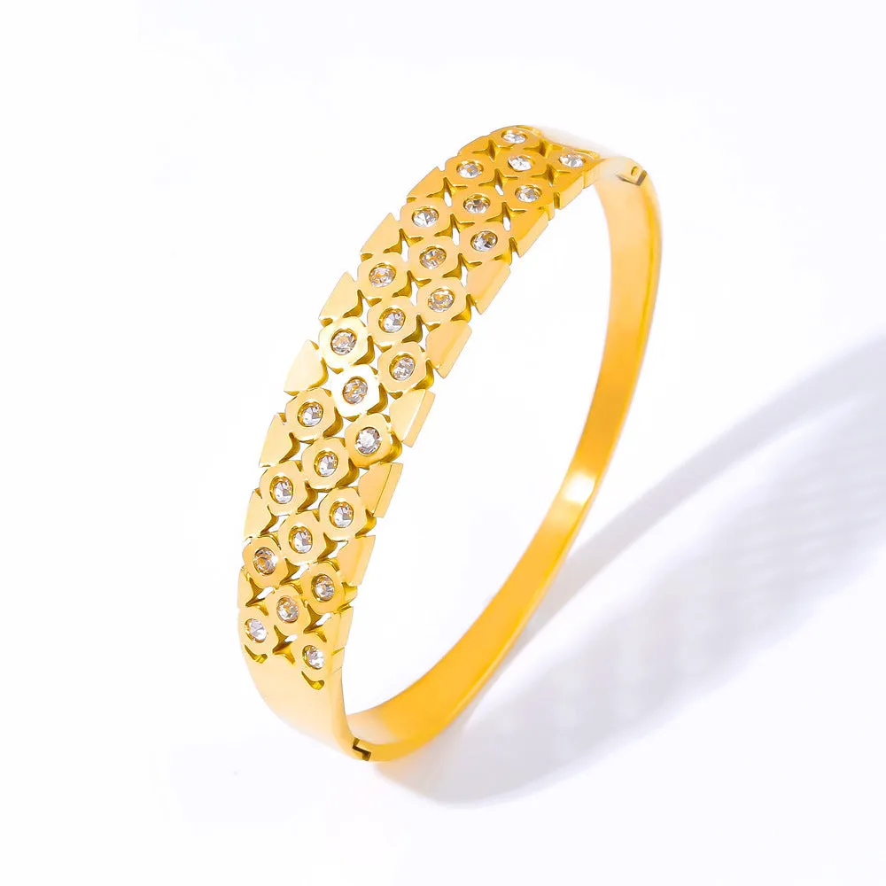 Glamorous Titanium Steel Gold-Plated Hollow Design Zircon Bracelet