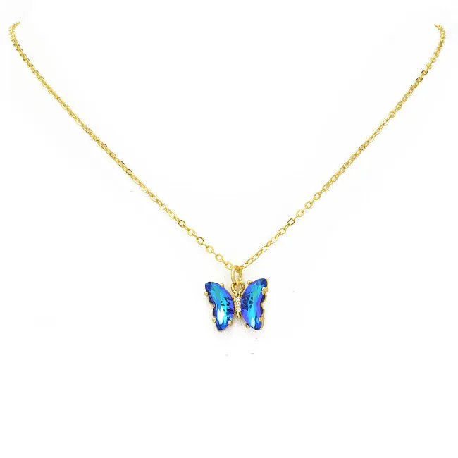 Gold & Blue Crystal Butterfly Pendant Necklace