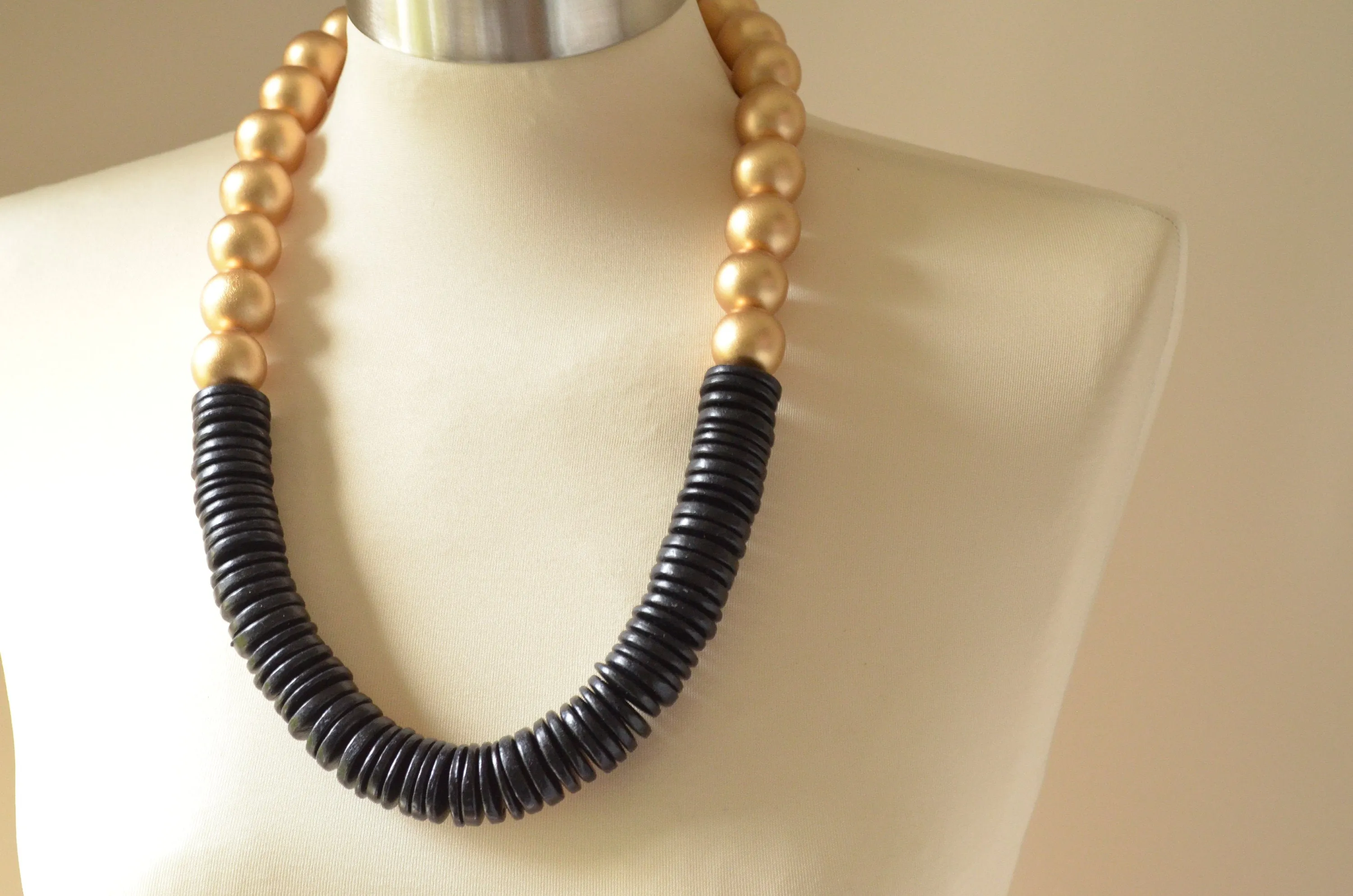 Gold Black Chunky Wood Beaded Womens Long Statement Necklace - Elena