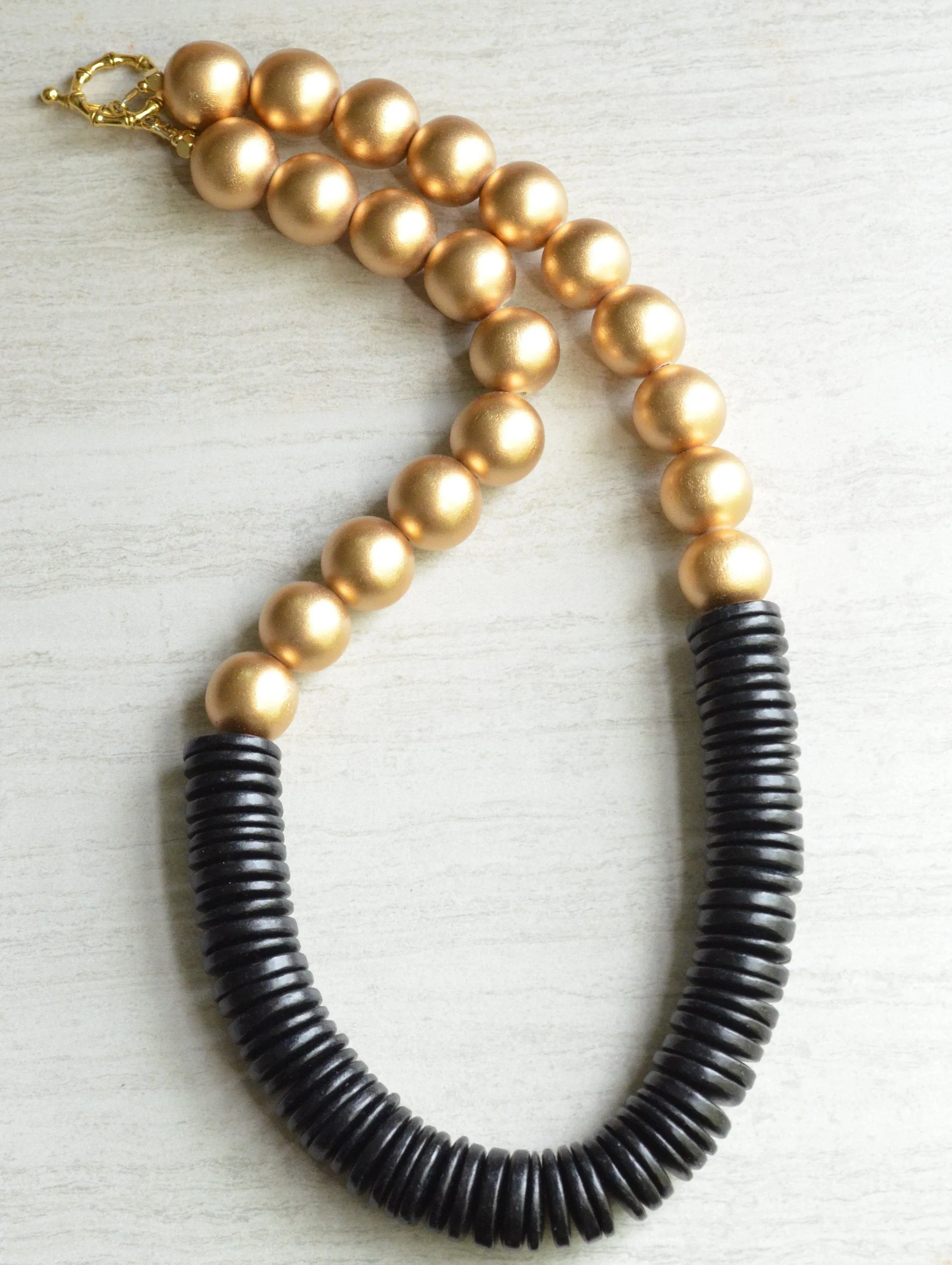 Gold Black Chunky Wood Beaded Womens Long Statement Necklace - Elena