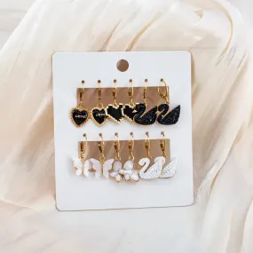 Gold Plated 6 Pair Black & White Duck And Butterfly Décor Earrings Set Aluminum Drops & Danglers - Pair Of 9