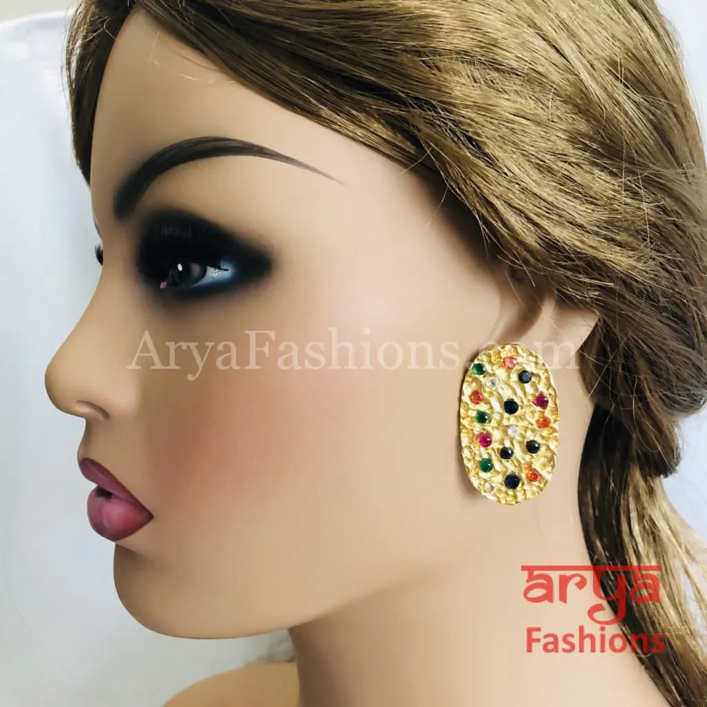 Golden Navratan Stud Earrings