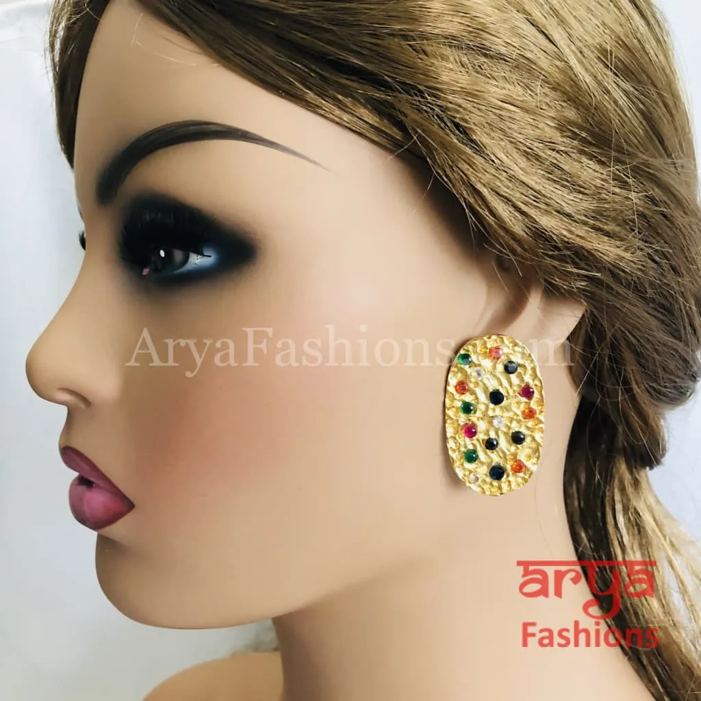 Golden Navratan Stud Earrings