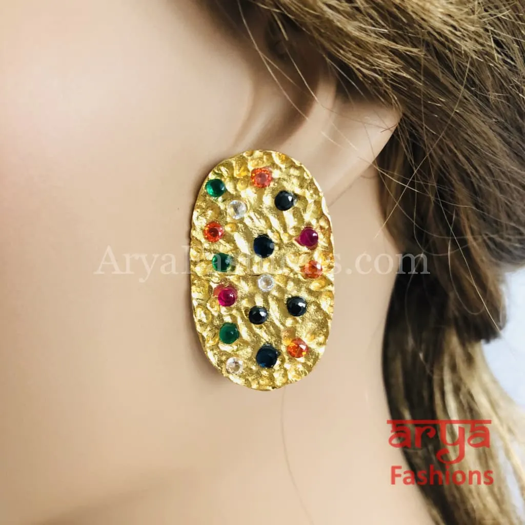 Golden Navratan Stud Earrings