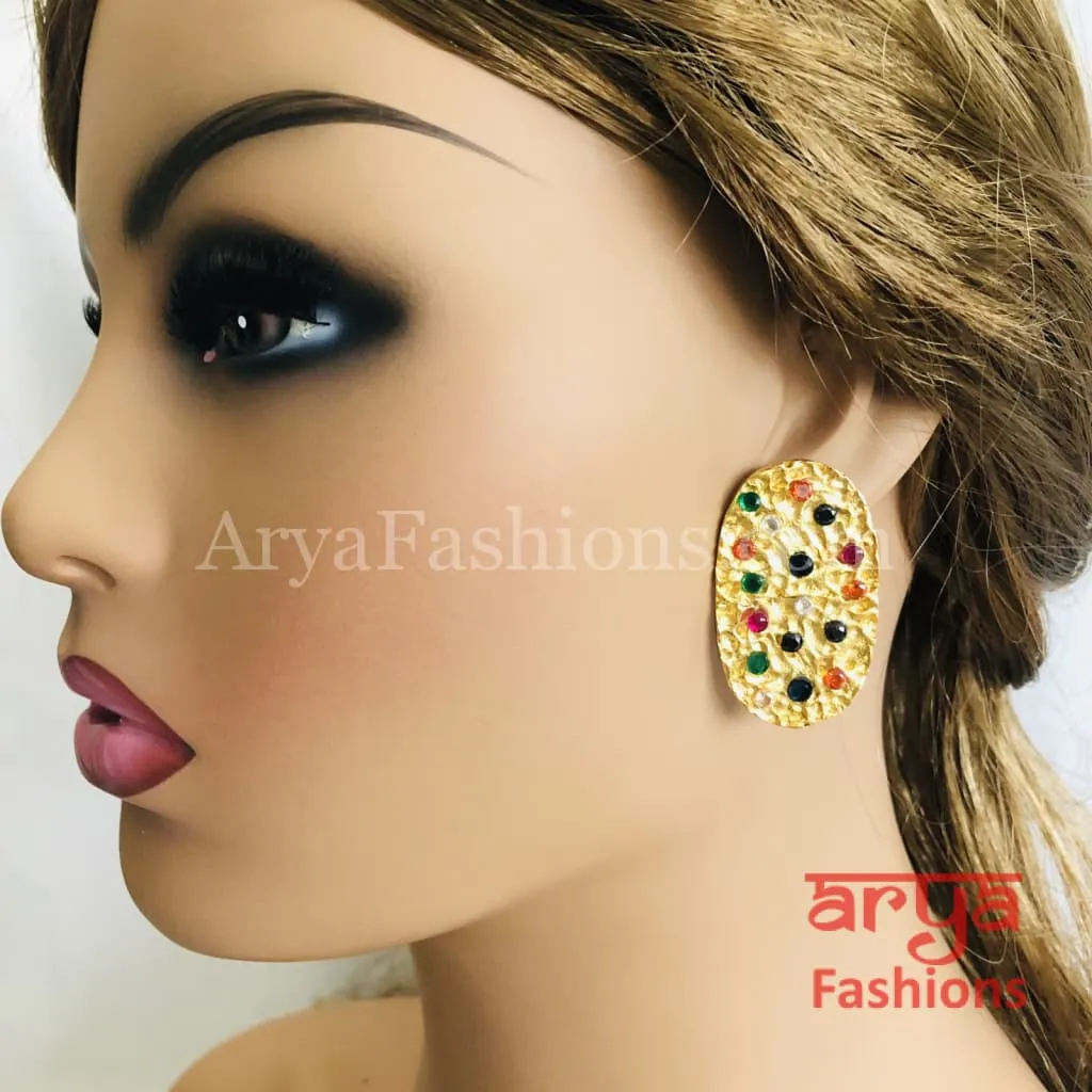 Golden Navratan Stud Earrings