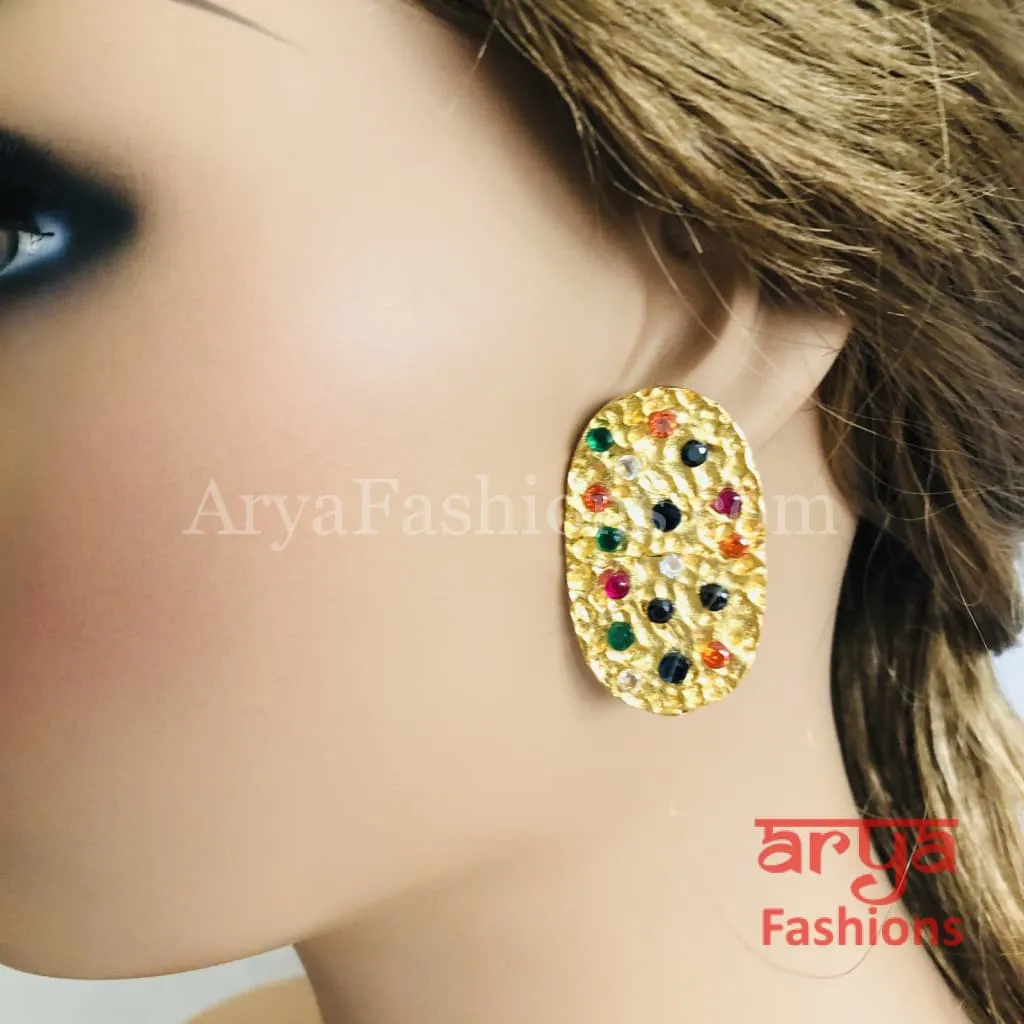 Golden Navratan Stud Earrings