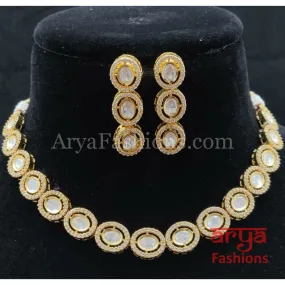 Golden Polki Kundan Necklace with CZ Stones