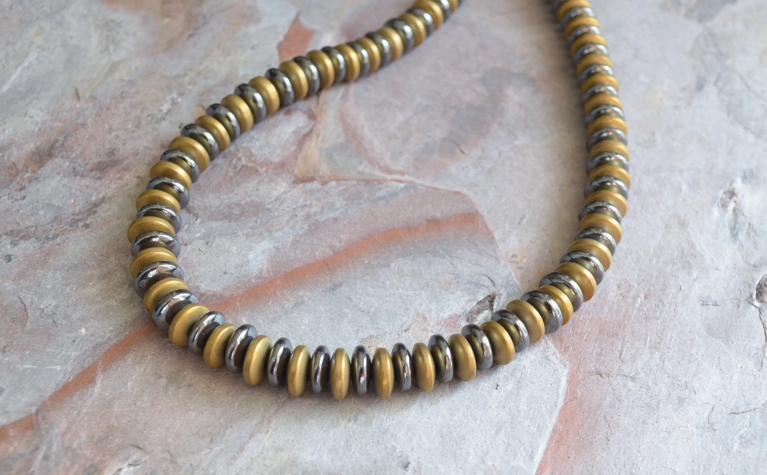 Gray Hematite Gold Stone Beaded Short Long Mens Necklace