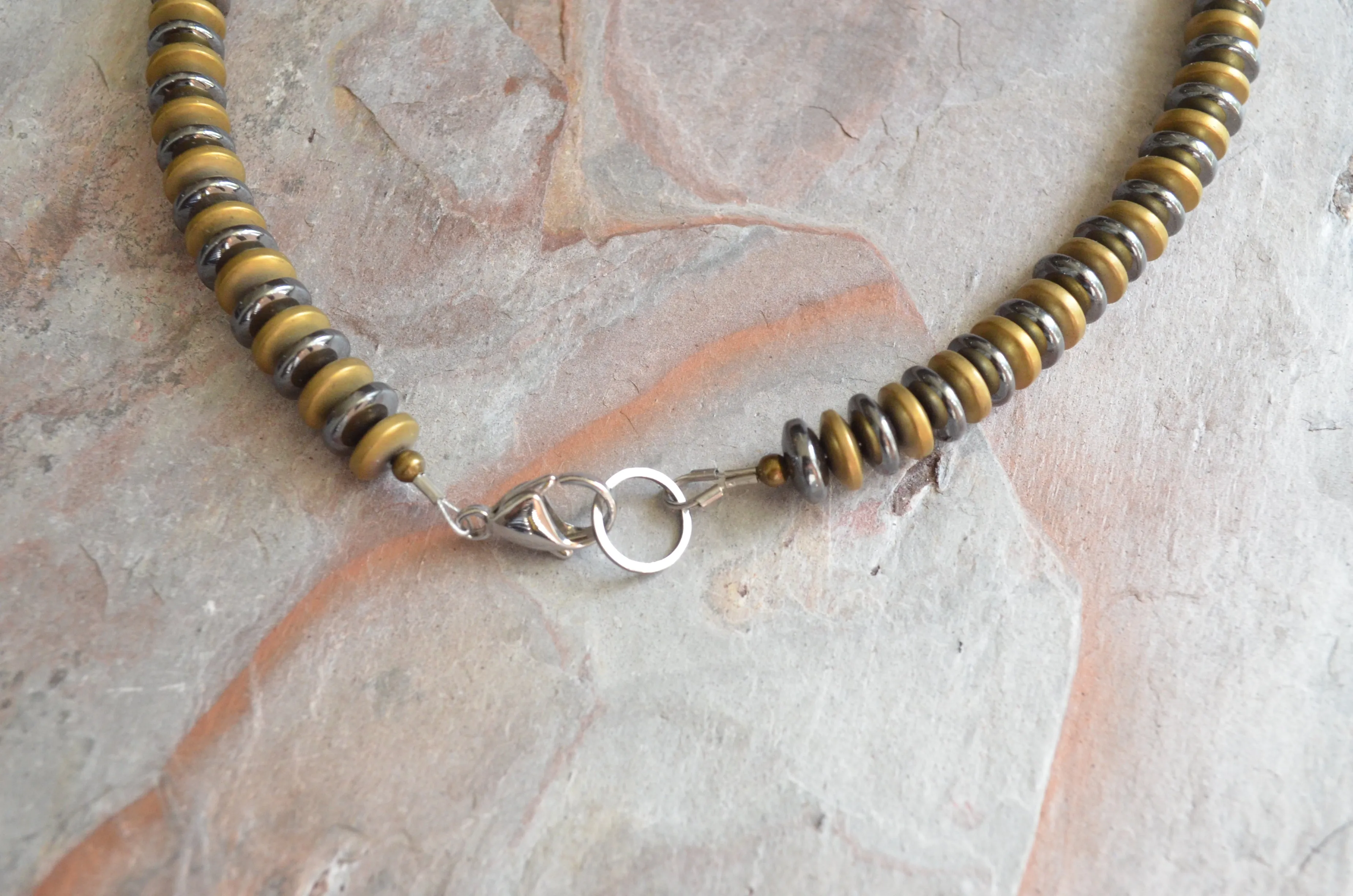 Gray Hematite Gold Stone Beaded Short Long Mens Necklace