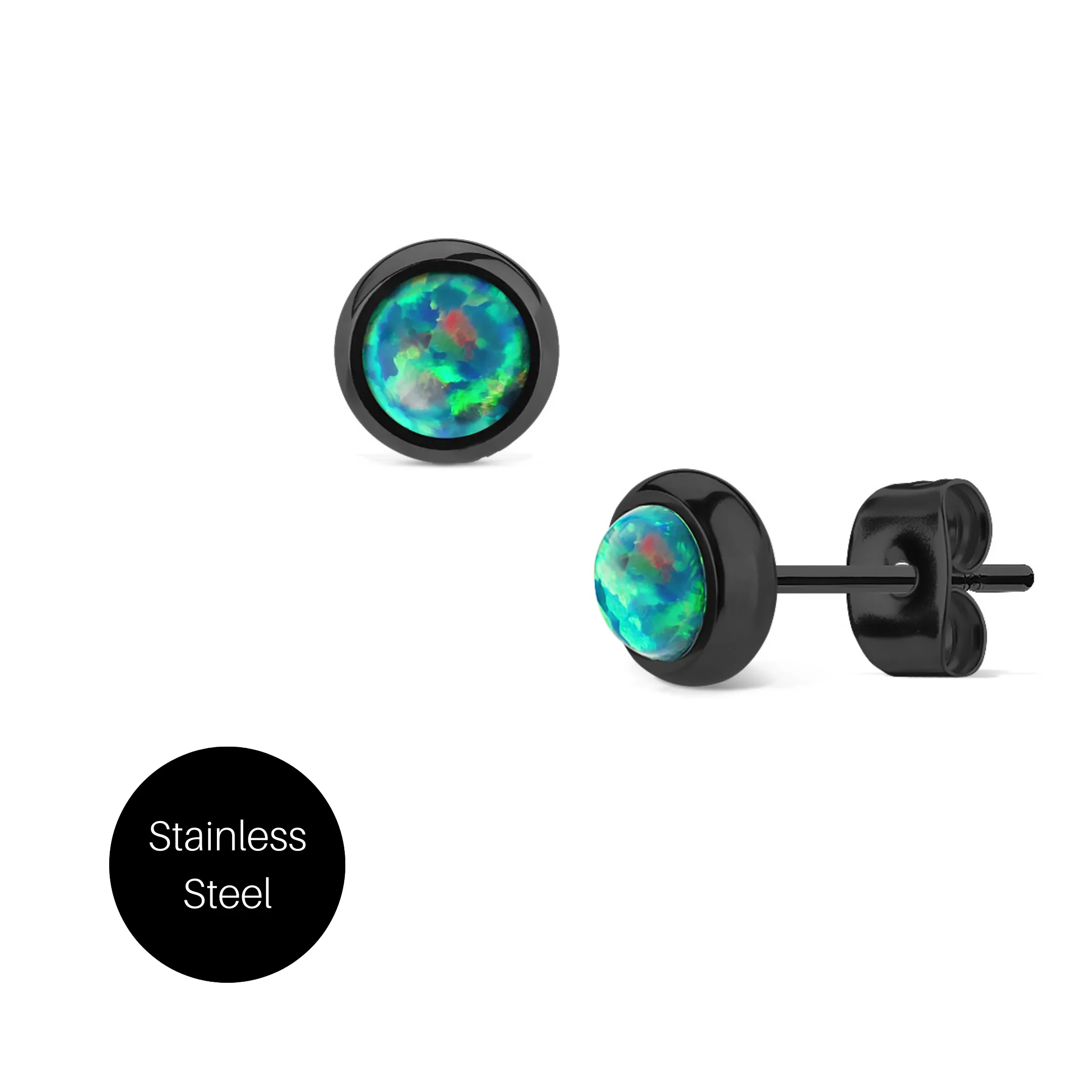 Green Opal Stud Earrings in Stainless Steel