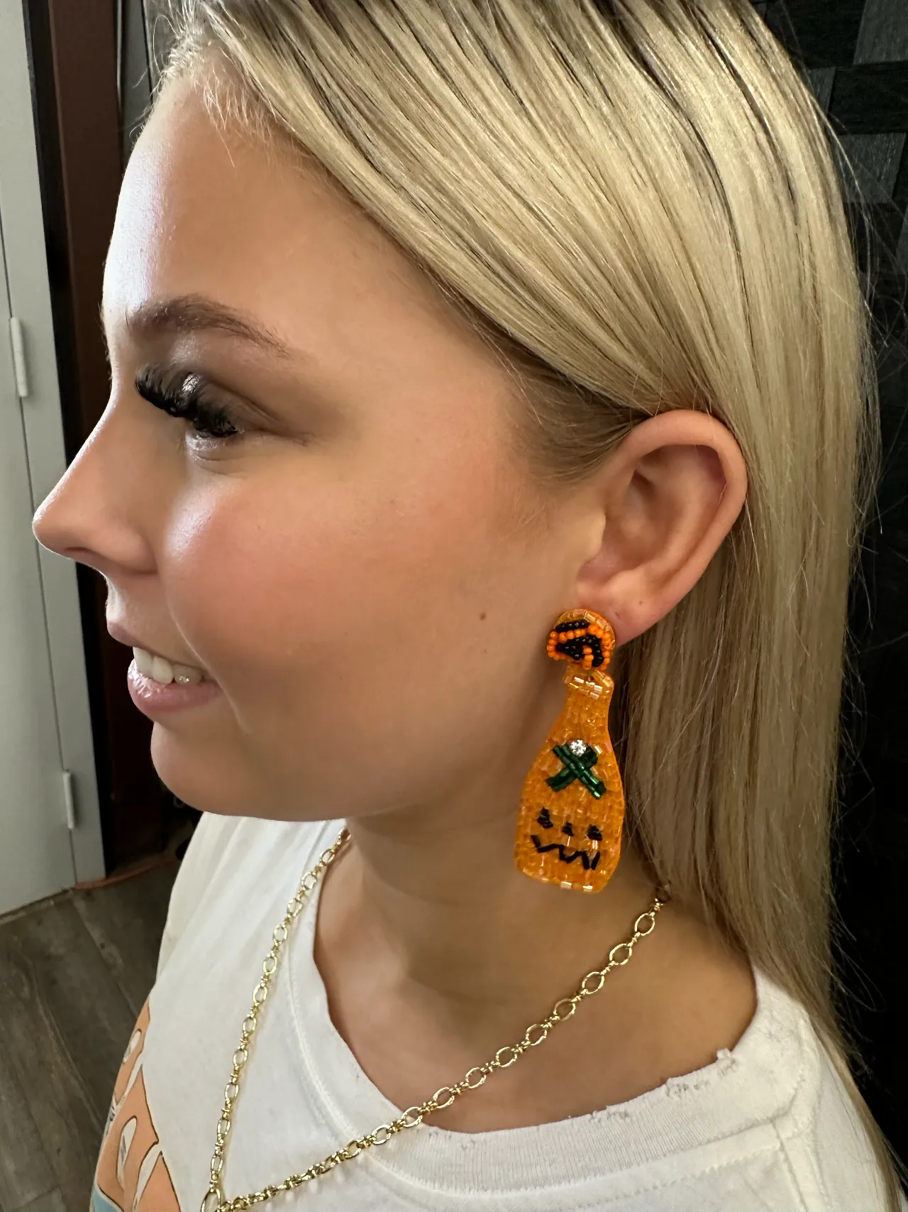 Halloween Orange and Black Pumpkin Face Champagne Bottles Beaded Earrings