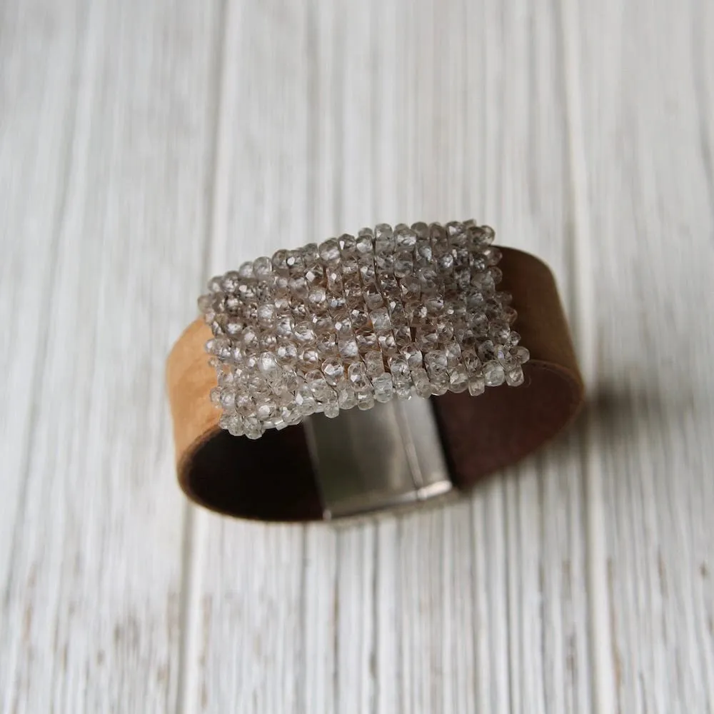 Hand Cut Natural Zircon Hand Stitched Leather Cuff