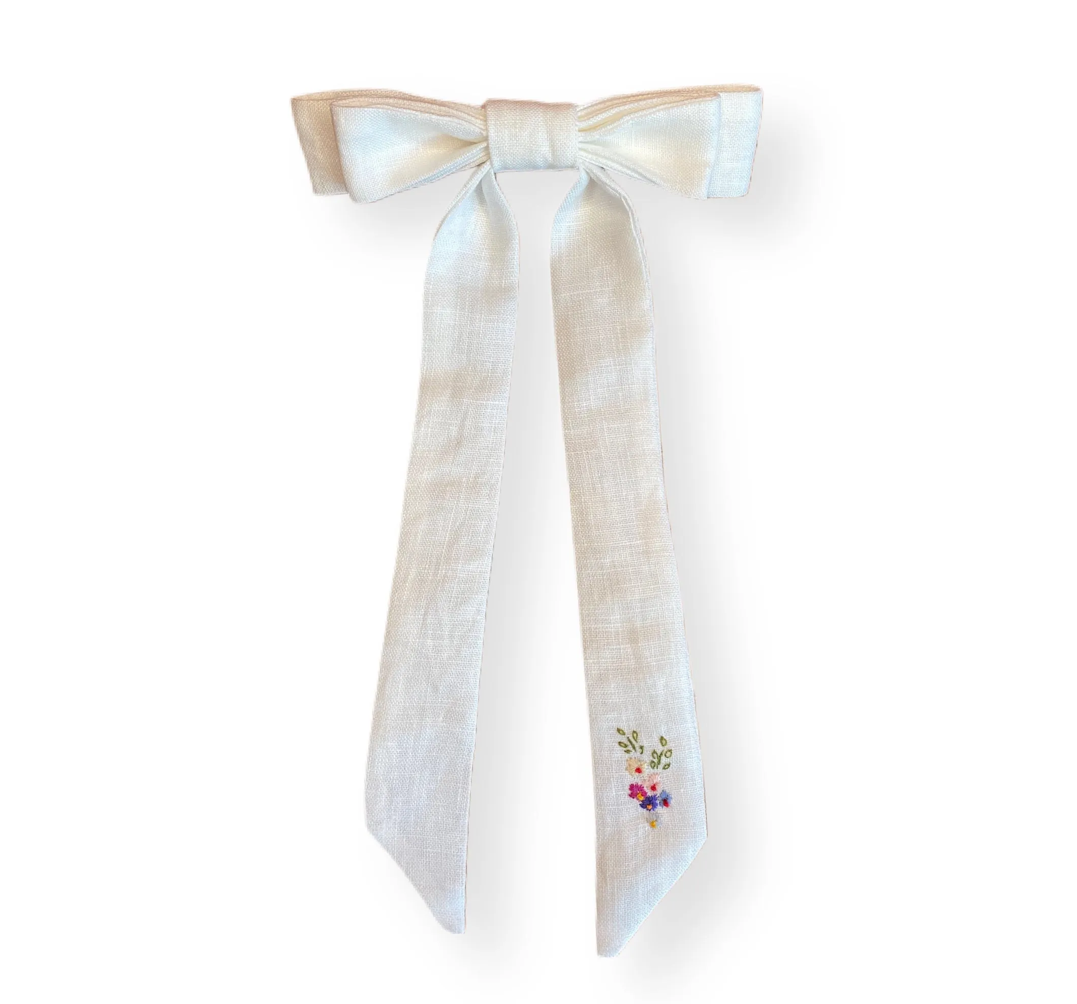 Hand-Embroidered Linen Bow Barrette - White, Pastels