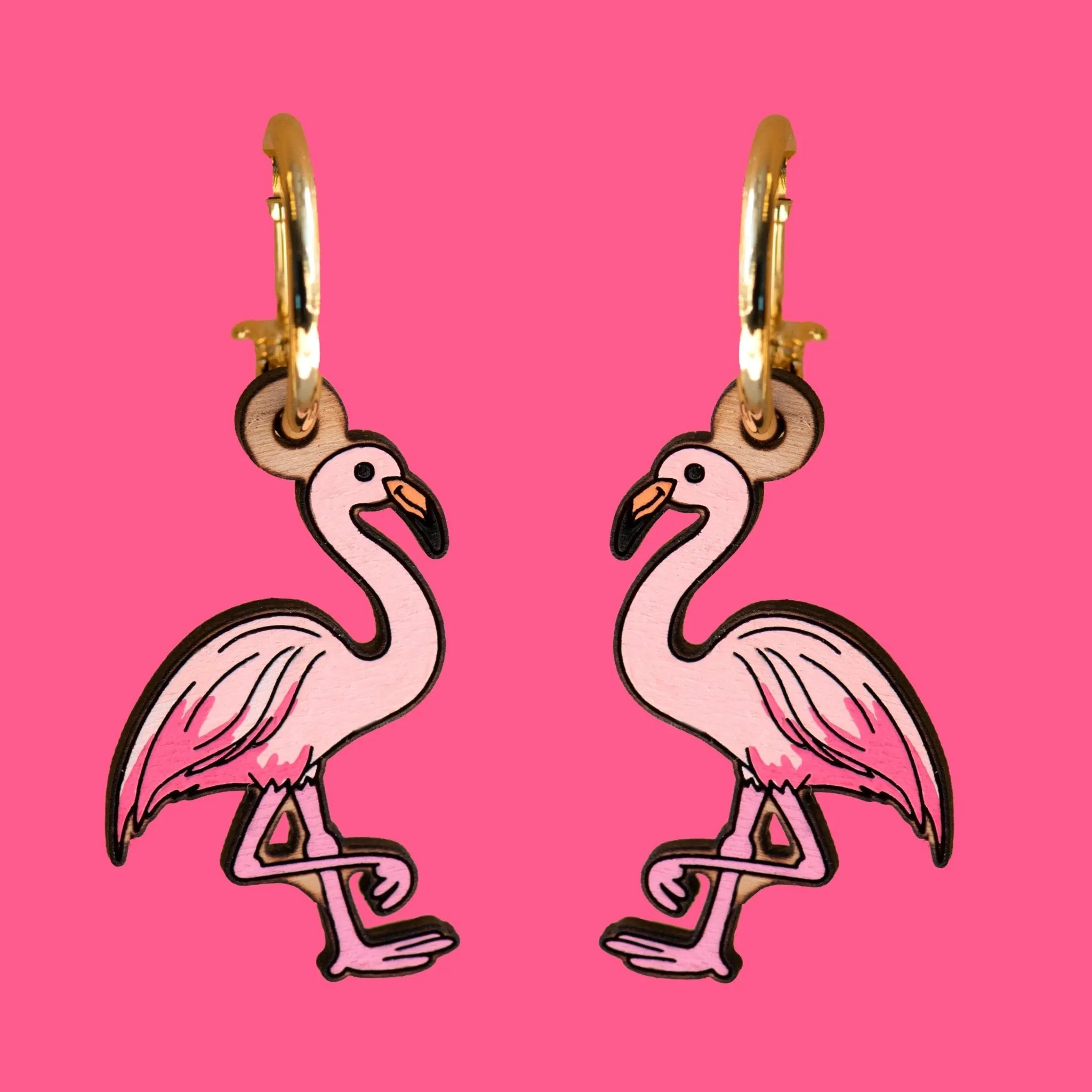 Hand-Painted Cherry Wood Flamingo Hoop Earrings - PEB12036