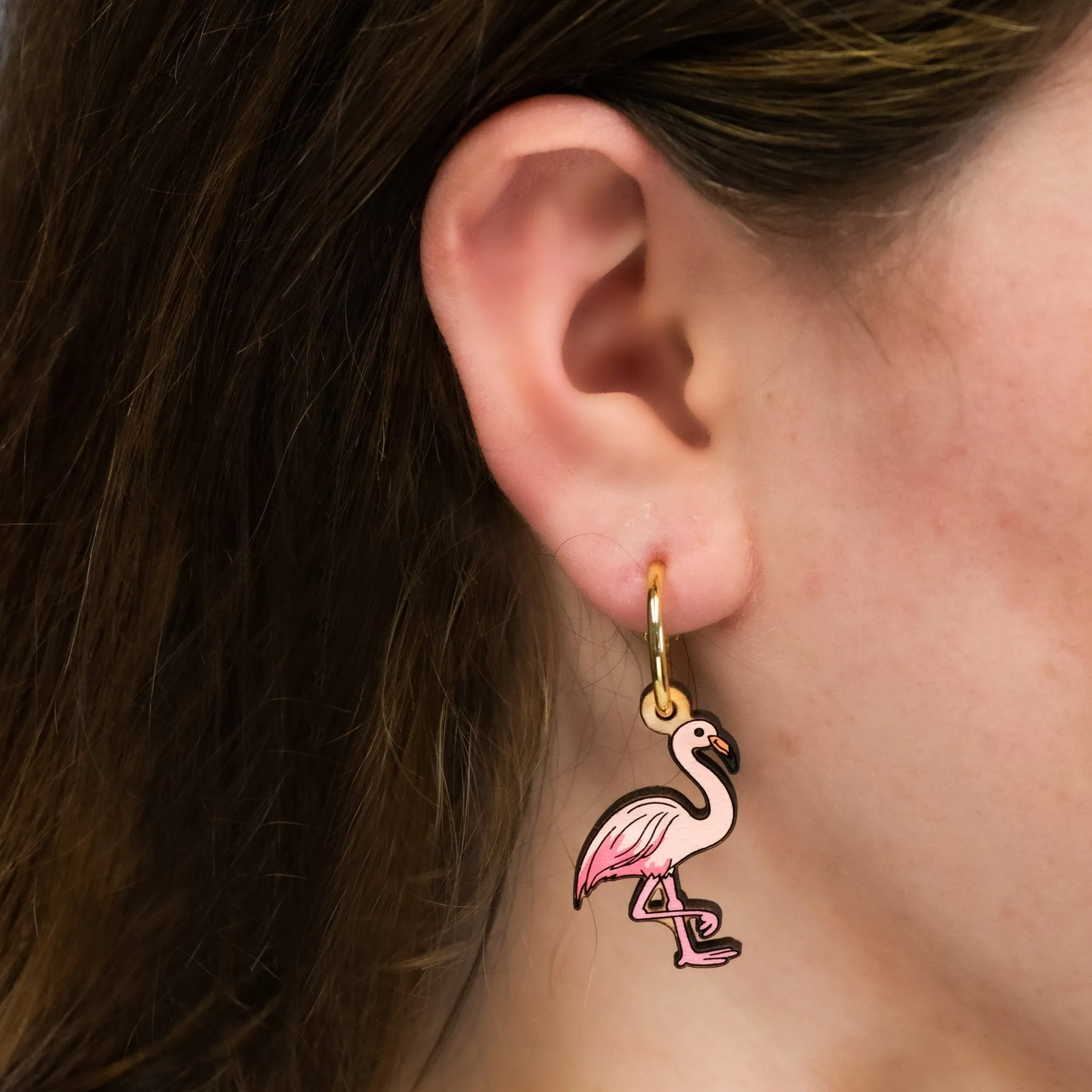 Hand-Painted Cherry Wood Flamingo Hoop Earrings - PEB12036